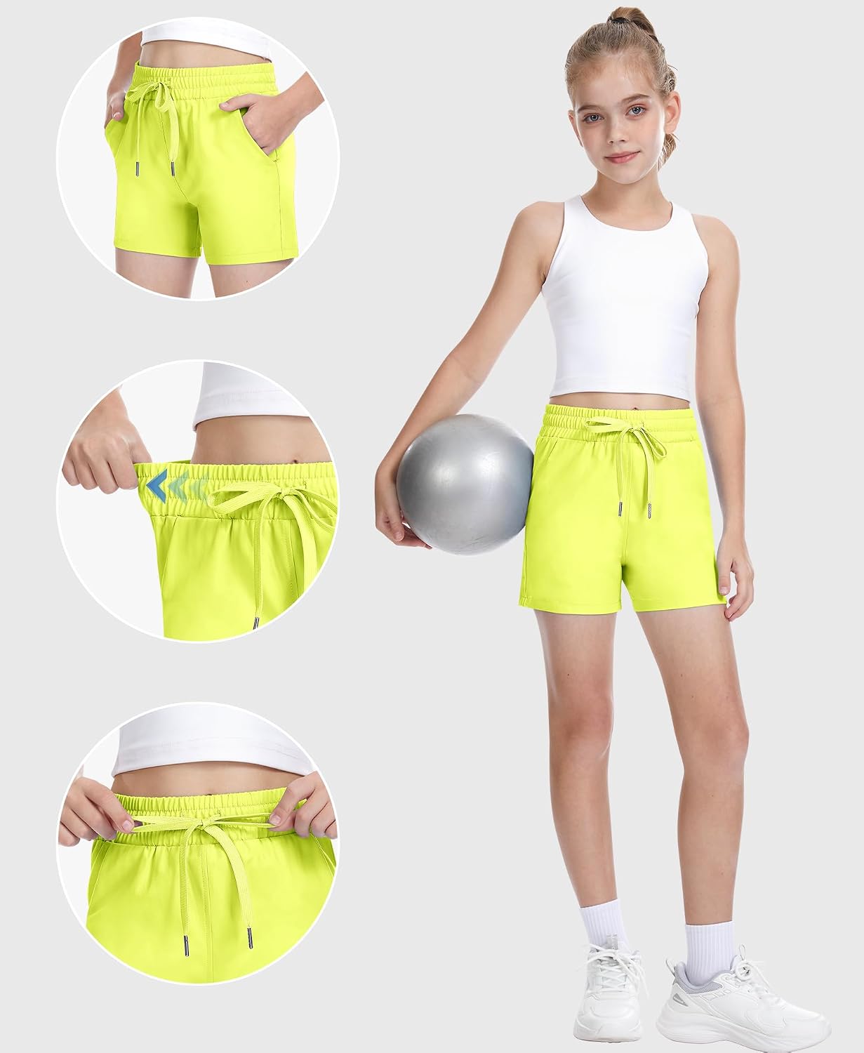 QooNoo Girls Athletic Shorts with Pockets Lightweight Active Running Shorts Elastic Waist Quick Dry Shorts for Teen Kids