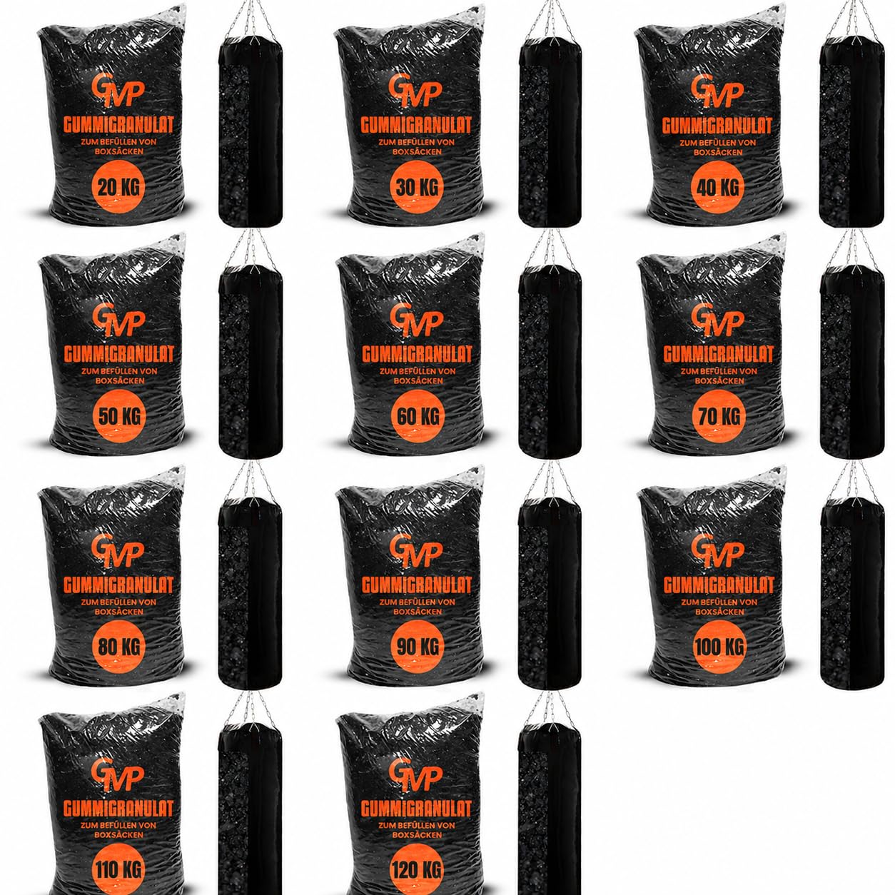 GMP 10 bis 120 Kg Boxsackfüllung Gummigranulat Füllmaterial für Boxsack Boxbirne Wandschlagkissen Makiwara Maisbirne Boxbirne Schlagbirne Trittsack