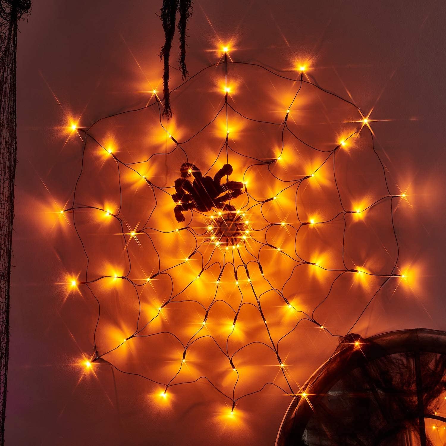 Vanthylit Halloween Spider Web Lights 70LED Orange Lights with Black Spider, Spider Web Light Outdoor Waterproof for Halloween Decorations