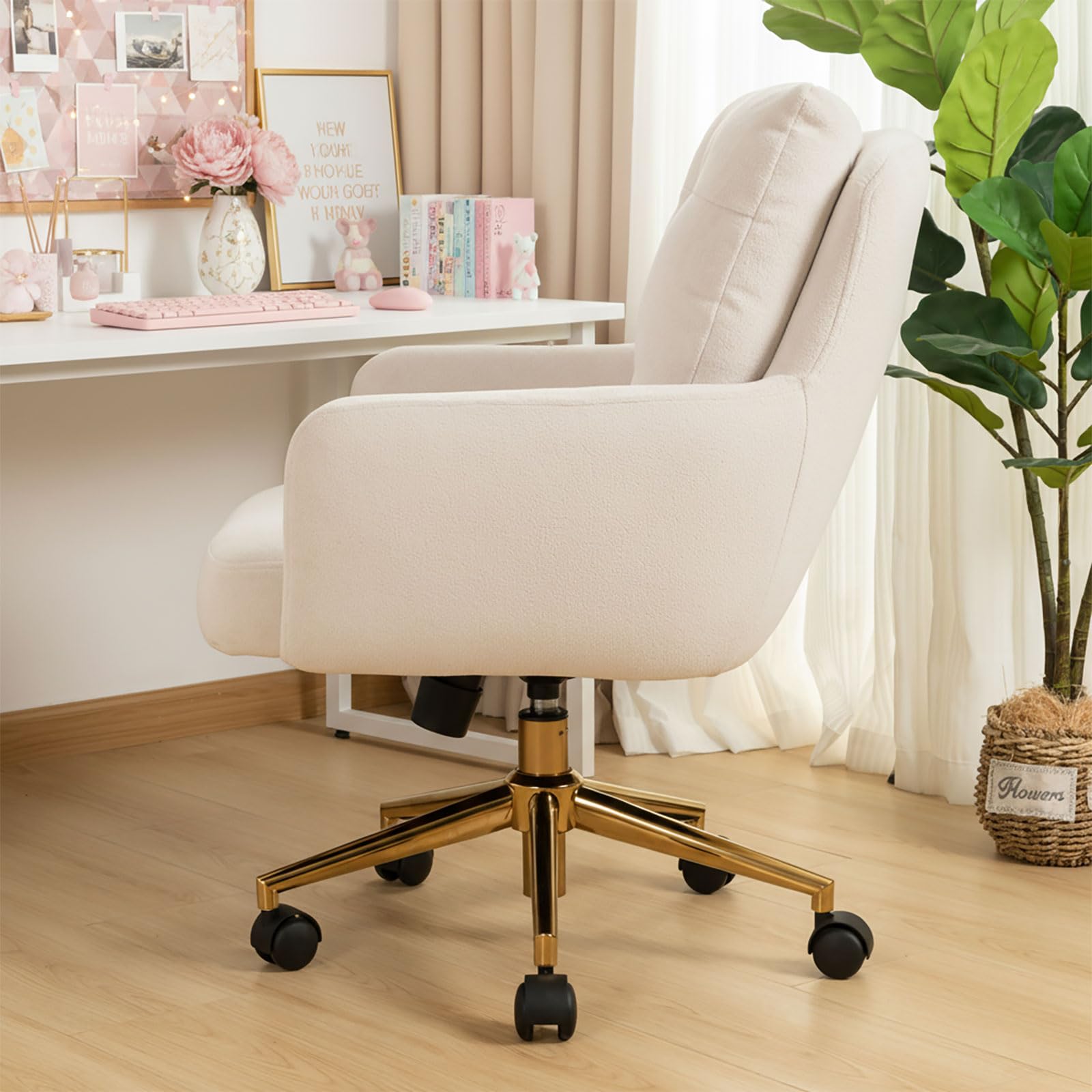 Silla Terciopelo, 360° Silla Giratoria con Respaldo y Reposabrazos, Sillas Escritorio Beige