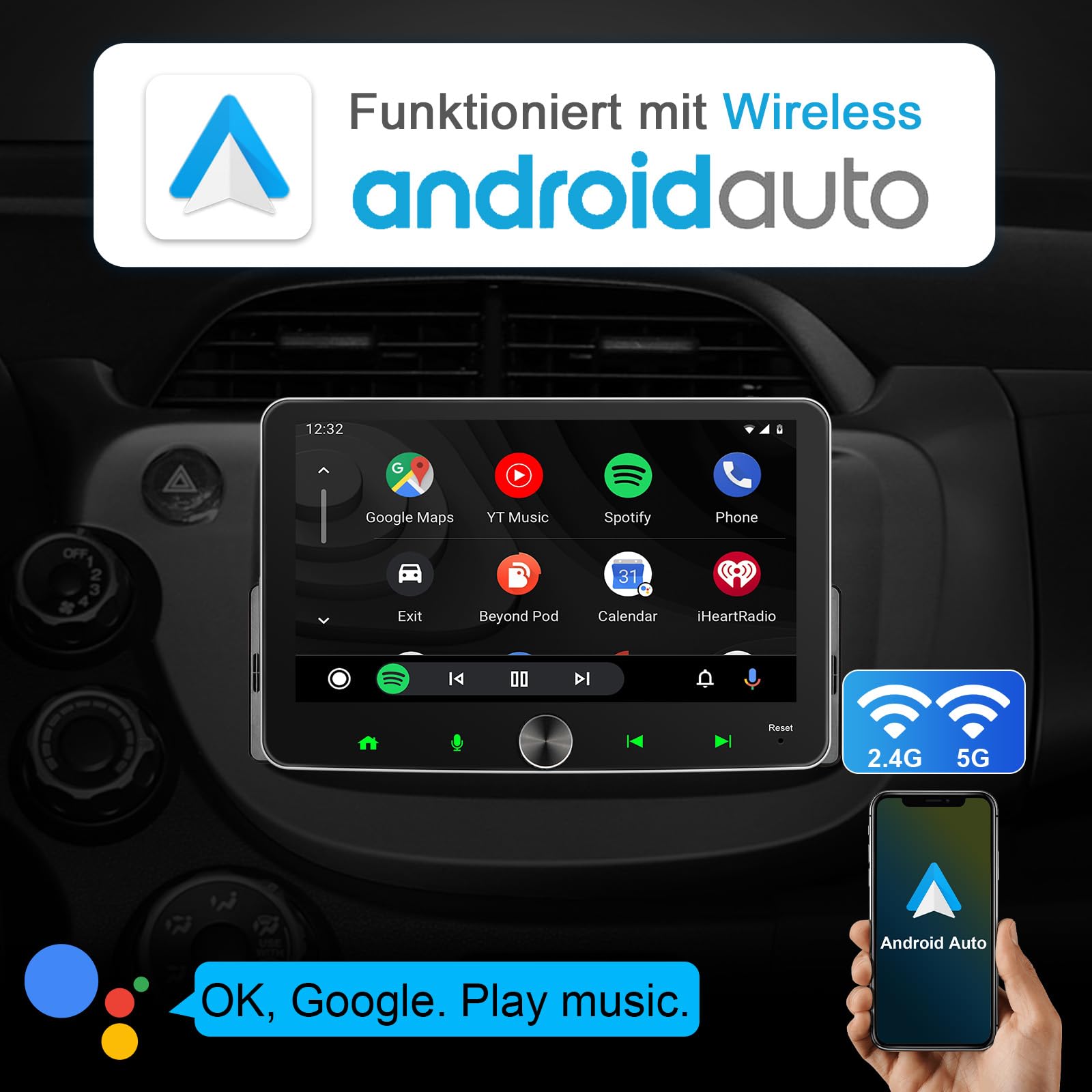 Android Autoradio 1Din Wireless CarPlay Wireless Android Auto Radio mit Bildschirm 7 Zoll 4G+64G 8-Core Car Play Touch Display mit Bluetooth FM/AM RDS WiFi GPS Navi SWC EQ 1 Din