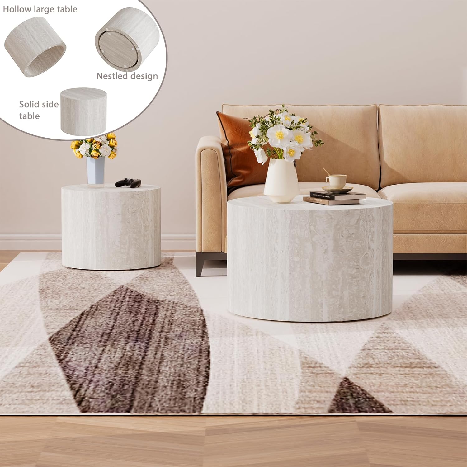Round Nesting Coffee Tables Set of 2 Modern Small Round Travertine End/Side Tables Circle Nested Coffee Tables for Small Spaces Living Room, Apartment (Travertine)