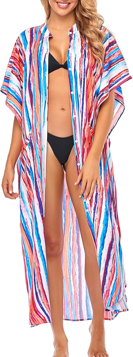 Chunoy Womens Button Down V Neck Kimono Sleeve Long Kaftan Beachwear Cover Up Maxi Dress