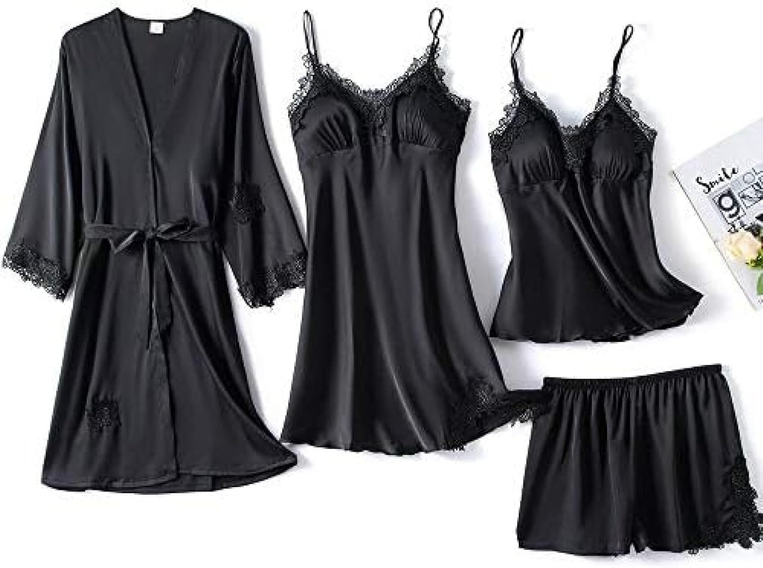 5 個のレディレースパジャマセット女性ルースセクシーなパジャマカジュアルナイトウェア,ブラック 4本セット,M
