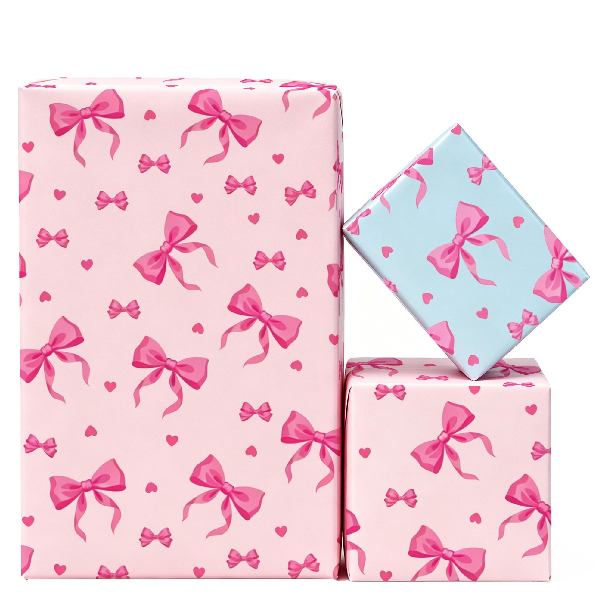 Xenray Pink Bow Wrapping Paper,6sheets Pink and Blue Baby Shower Paper,50x70cm Recyclable Thick Pattern Printed Gift Wrapping Paper