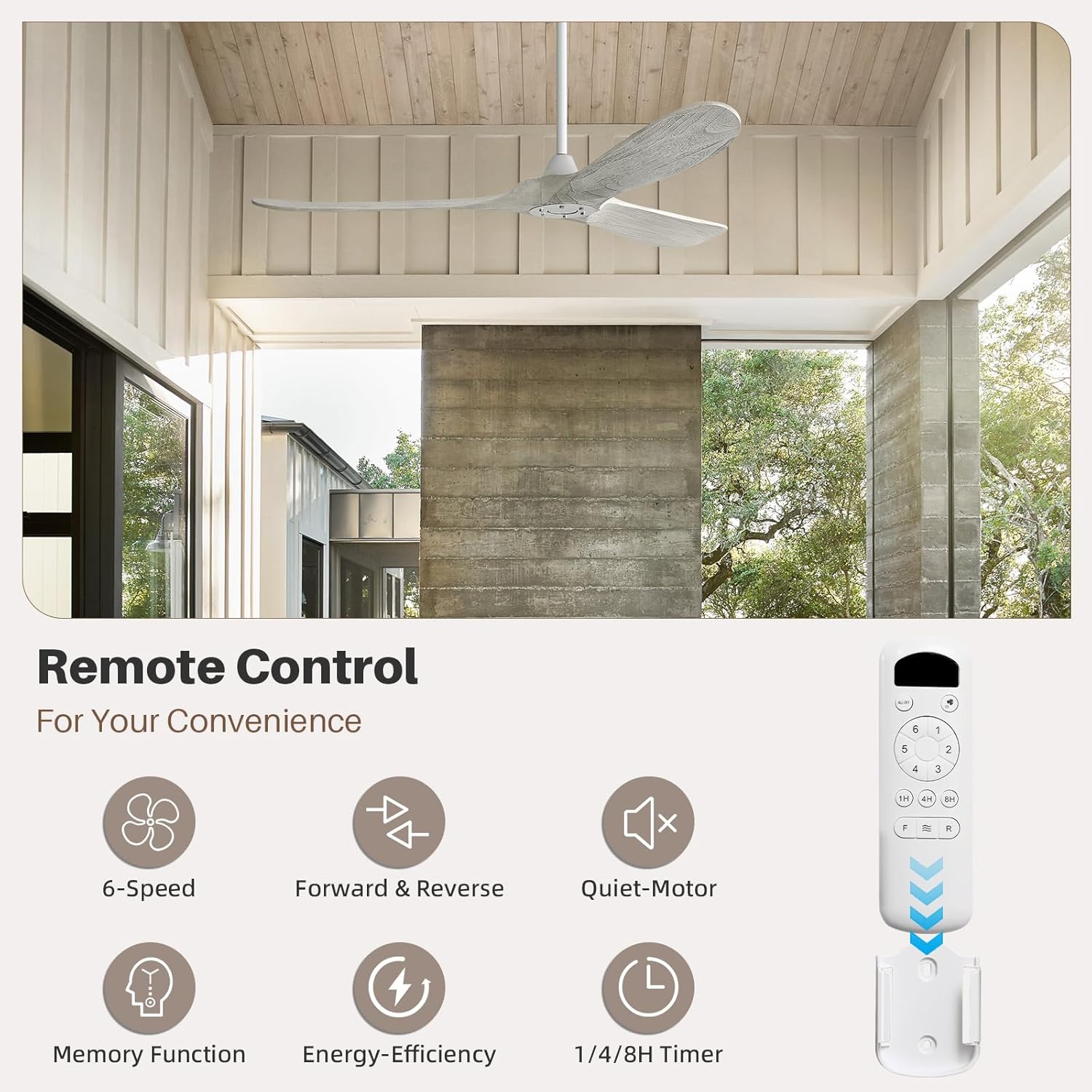 CACI Mall 60" Ceiling Fan no Light, Outdoor Ceiling Fans for Patios Without Lights, Remote Control, Solid Wood 3 Blades, Quiet, Indoor Ceiling Fan for Living Room, Patio, Bedroom, Porch, Farmhouse