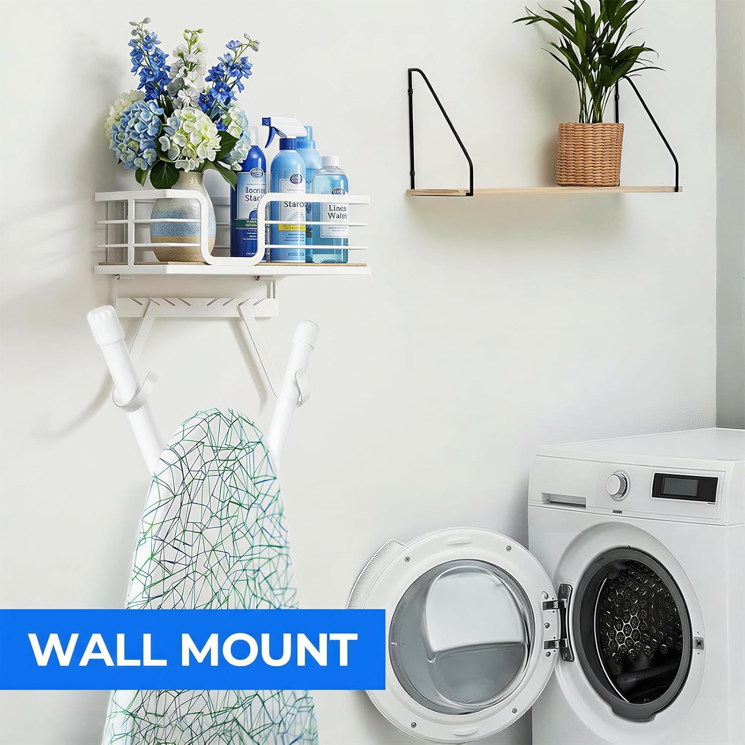 TJ.MOREE Over The Door/Wall Mount Ironing Board Hanger, Laundry Room Iron and Ironing Board Caddy Storage for Water Mister, Fabric Sprays, Laundry Detergent, White