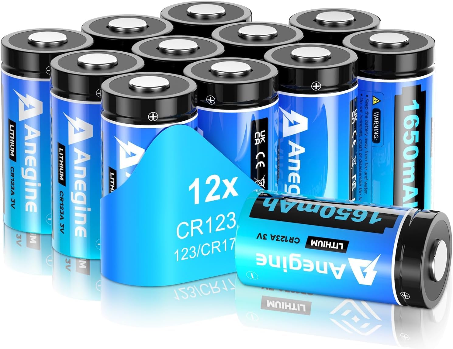 anegine CR123A 3V Lithium Battery 1650mAh, 123A Lithium Batteries 10 Years Shelf Life CR123 3 Volt High Power CR17345 CR17335 Non-Rechargeable | Built to Last (CR123A 12 Count (Pack of 1))