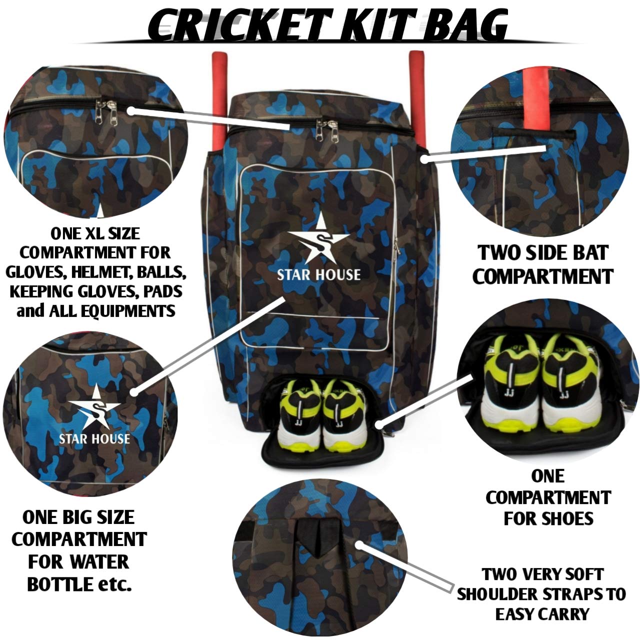 Star House- Cricket kit Bag with Heavy Padded Nylon Material (Blue) 1
