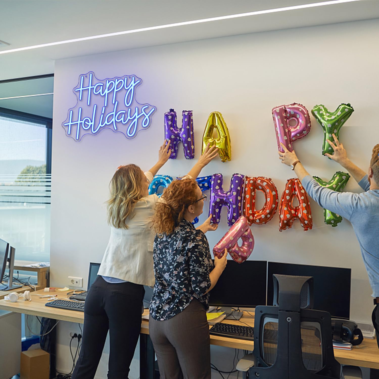 Letrero de neón para Año Nuevo, Feliz Navidad, decoración de pared, luces de neón regulables, letrero LED azul, árbol de Navidad, fiesta de Año Nuevo, hogar, bar, sala de estar, oficina (16.5