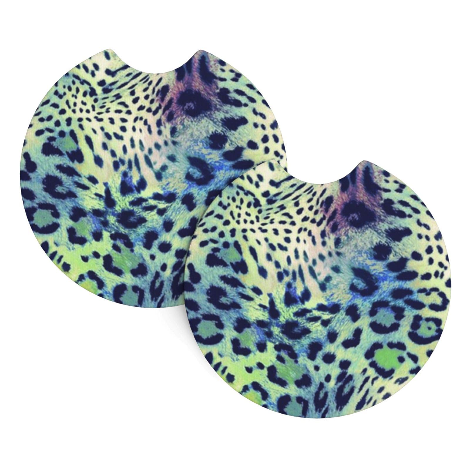 Car Coasters 2 Pack Green Leopard Print Car Cup Holder Coasters with Finger Notch Insert Drink Coaster Car Interior Accessories