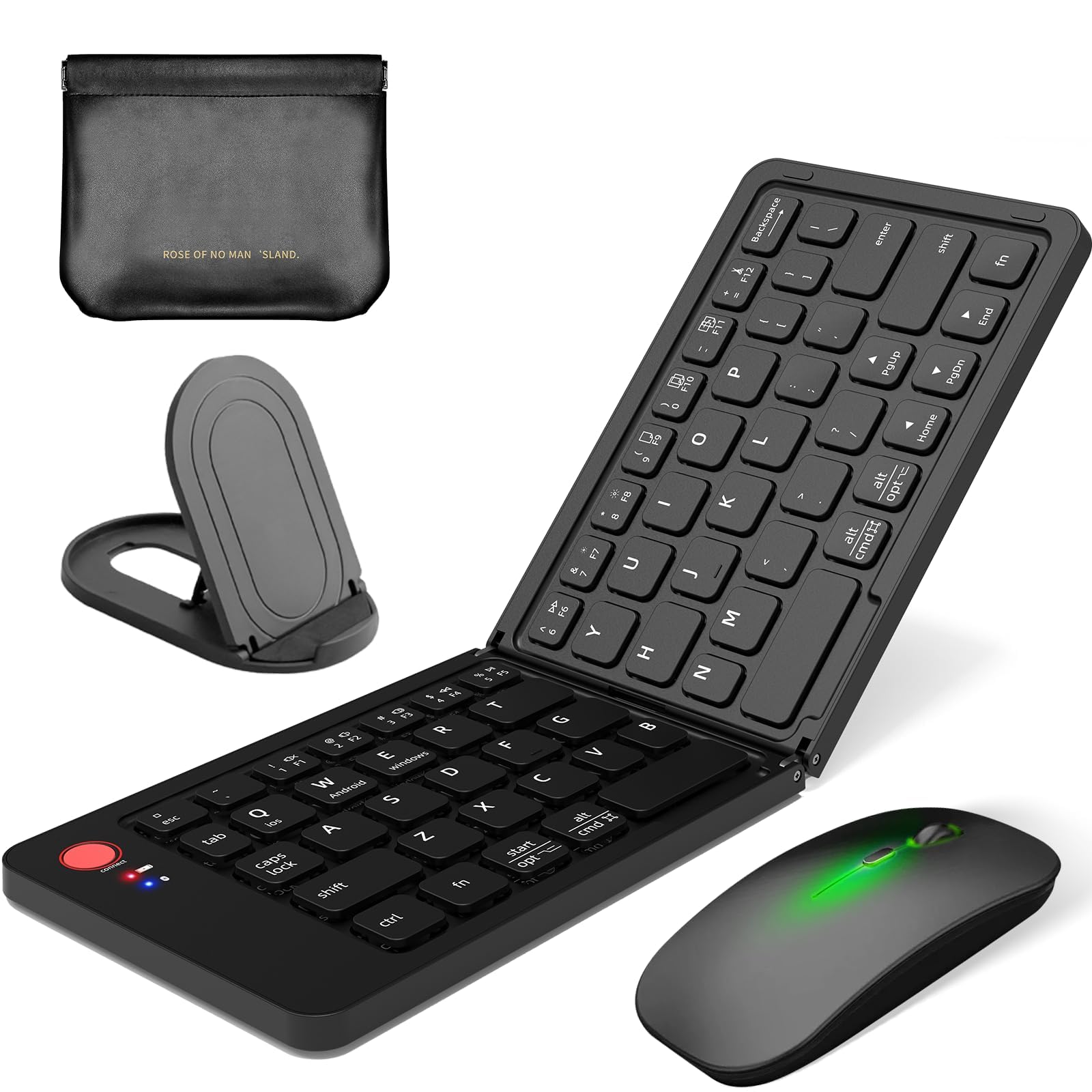 Wireless Bluetooth Keyboard Mouse Combo Foldable Keyboard and Mouse with Phone Holder Compatible with iOS Windows Android Smartphones