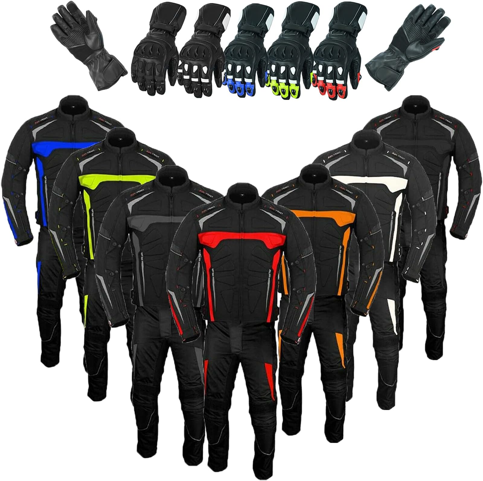 Motorbike Suit with Gloves Armoured 2 Piece Suit Motorcycle Motorbike Waterproof Suit Jacket with Trouser Gloves CE Armour All Weather for Mens