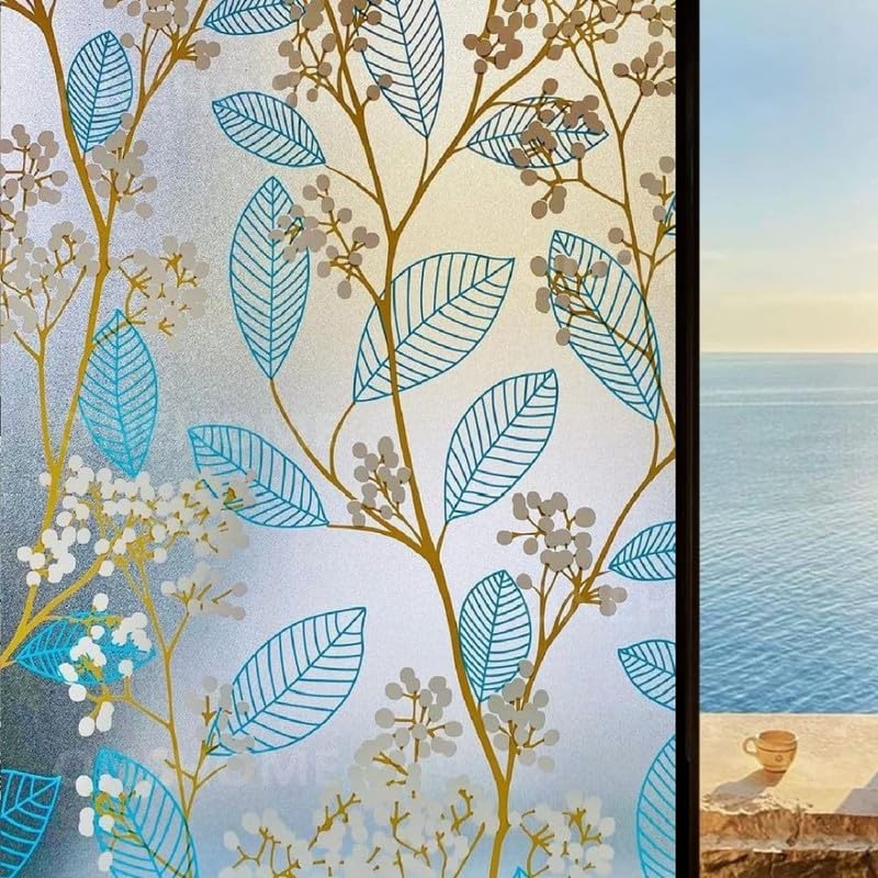 Image of Decorative Glass Film Window Film for Glass Film for Windows Privacy - Blue Leaves24 X 24 Inchs