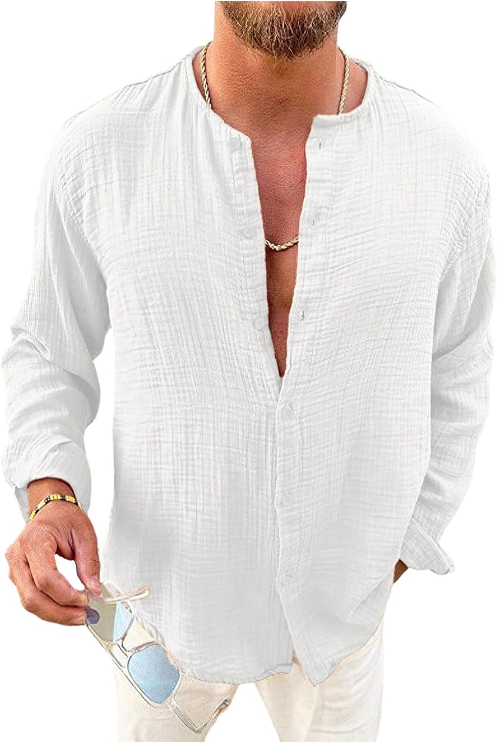 OYOANGLE Men's Long Sleeve Button Down Shirts Crew Neck Basic Solid Shirt Top