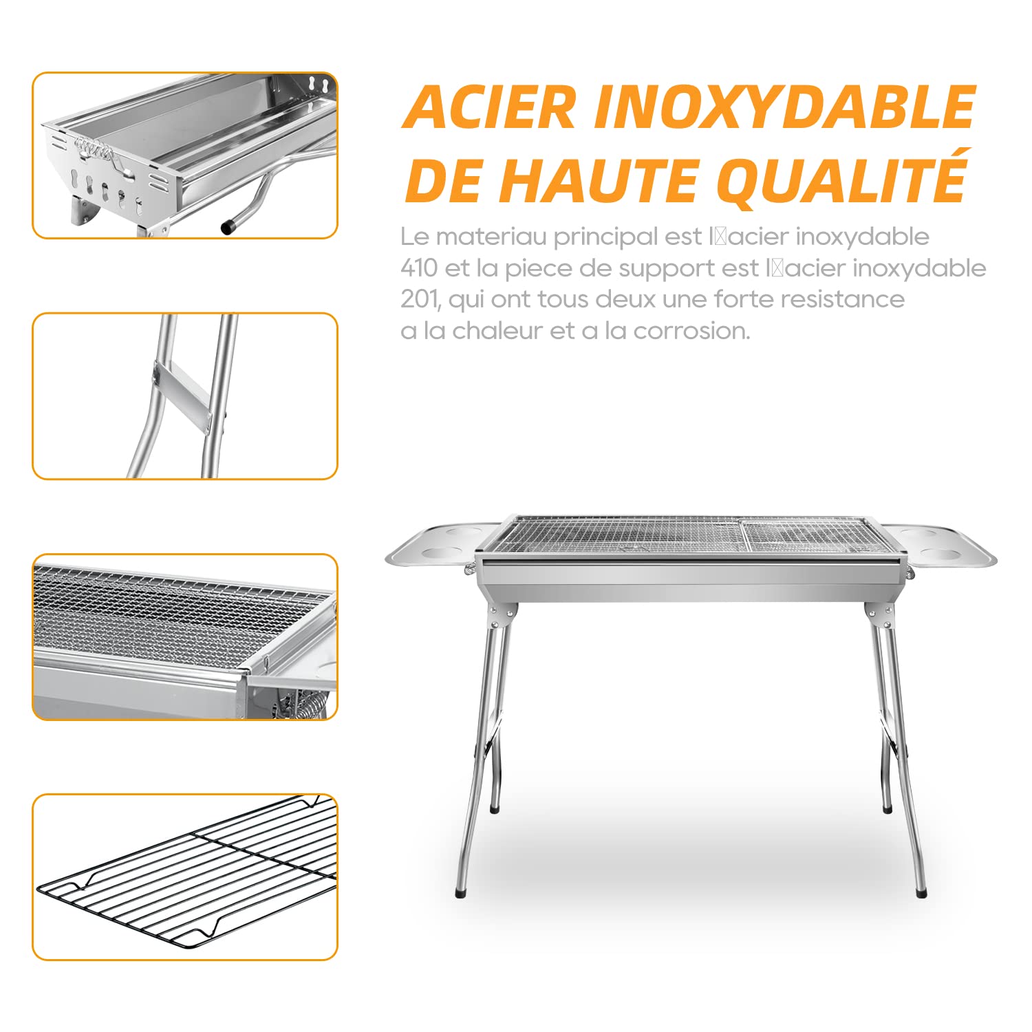 Barbecue à Charbon Pliable – Double Grille | 2‑en‑1 Extérieur, Pliable, Camping portable 74x33,5x71,5cm， avec 2 étagères