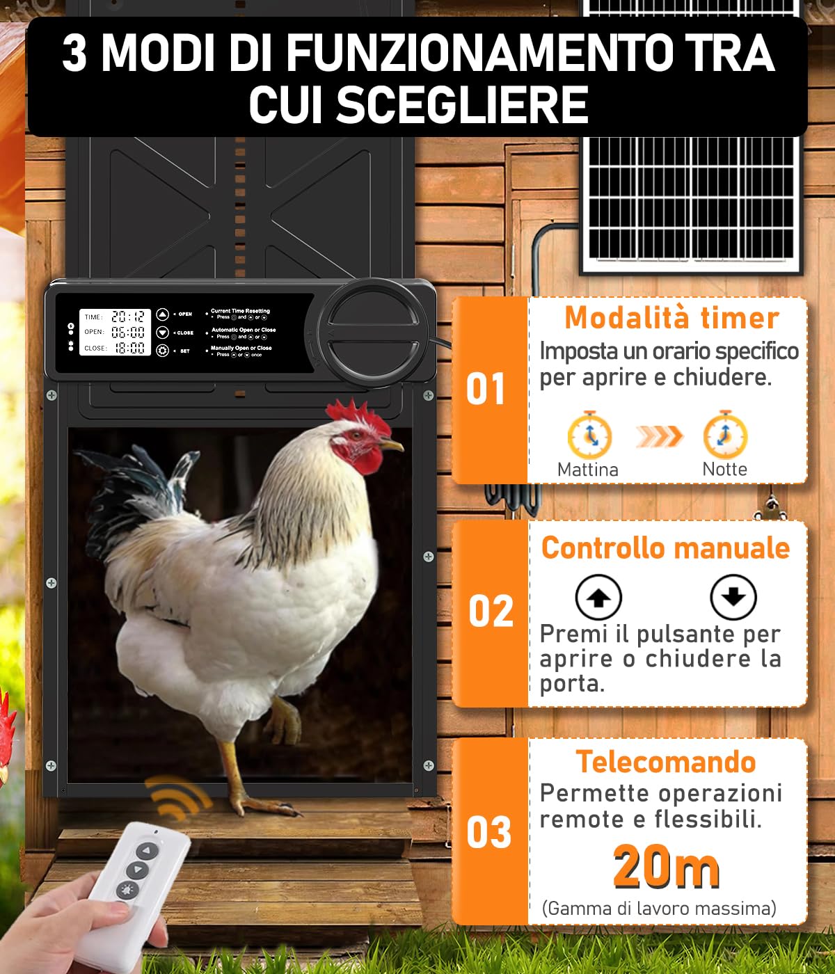 Porta Automatica Pollaio Solare con Funzione Manuale e Timer, Porta Pollaio Automatica Solare Anti-schiacciamento | Lega di Alluminio | Telecomando | Grande Pannello Solare | Batteria ad Alta Capacità