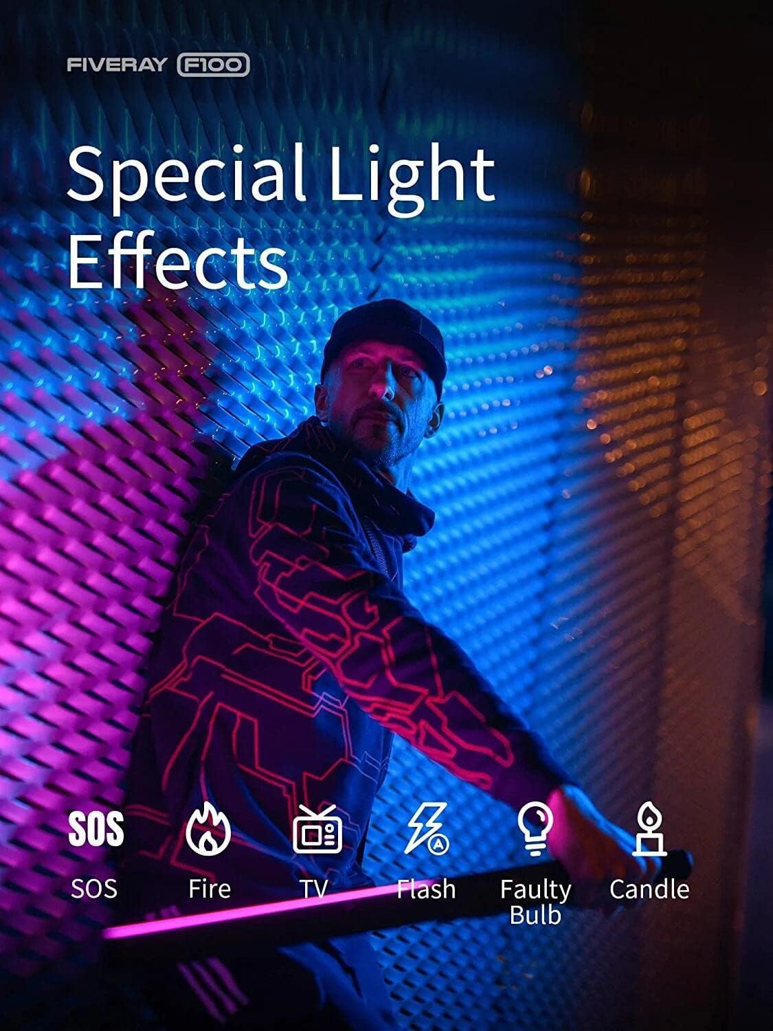 Zhiyun FIVERAY F100 100W RGB Handheld LED Video Light Wand Stick Photography Light 2700K~6200K Adjustable for Photographic Studio,Video Conferencing,Interview,Live Streaming,Vlogging,Close-up portrait