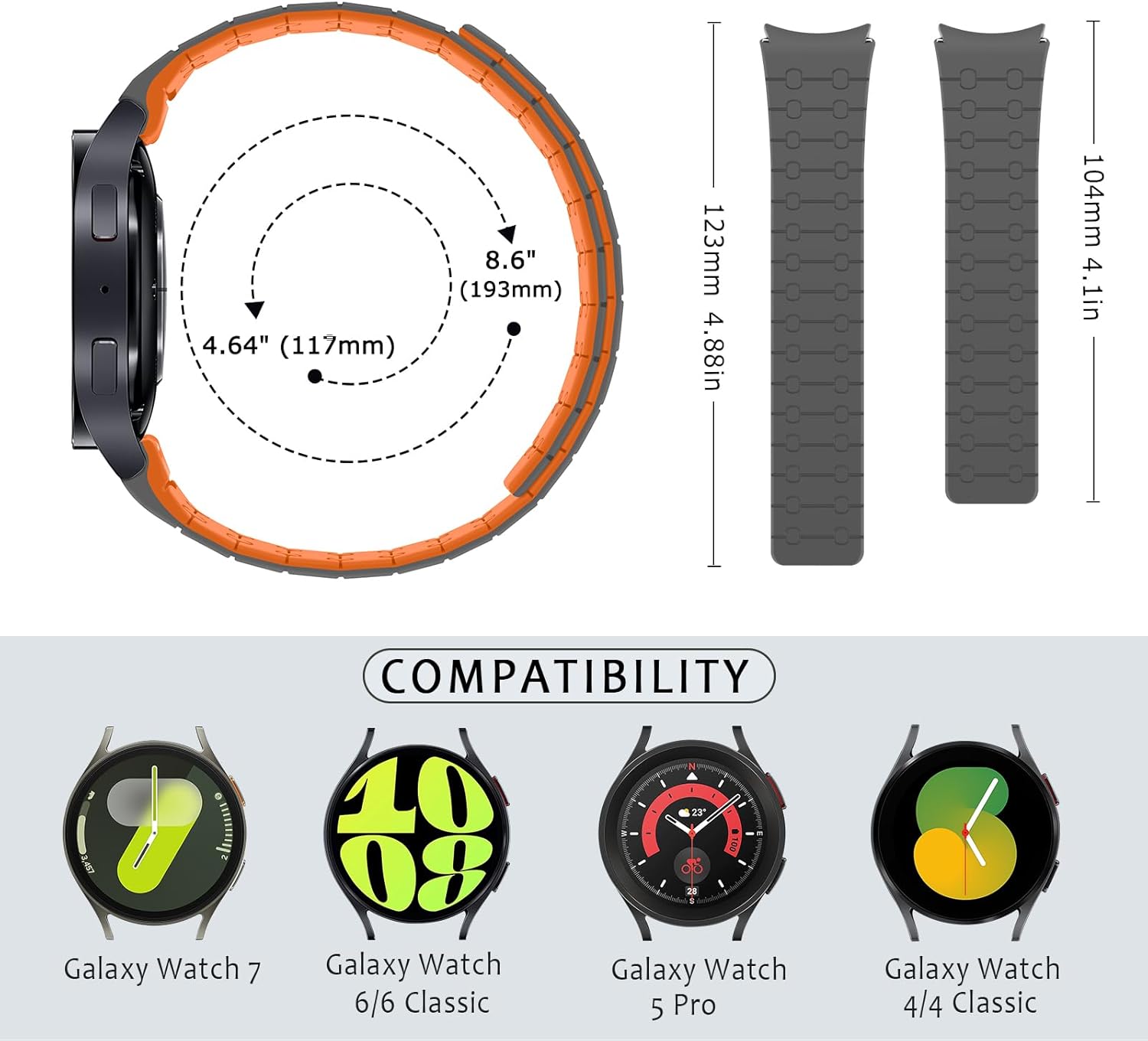 Magnetic Band Compatible with Samsung Galaxy Watch 7/FE/6/5/4 Band 40mm 44mm/Galaxy Watch 5 Pro 45mm/Watch 6 4 Classic 42mm 46mm 43mm 47mm, 20mm Silicone Sport Strap for Women Men, Gray/Orange - Image 5