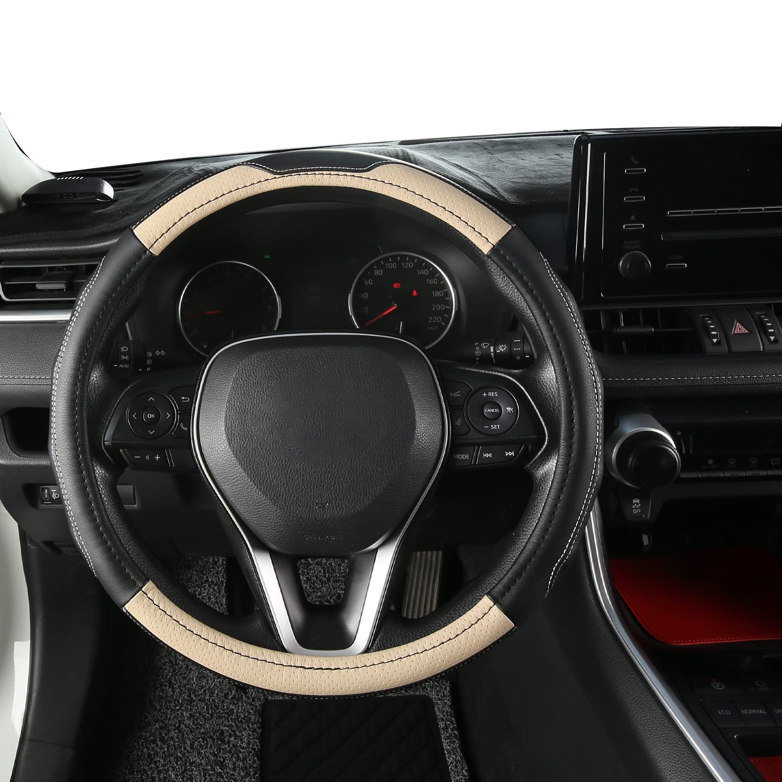 CZCGYDY Premium Leather Steering Wheel Cover with Anti-Slip Lining, Universal 15 inch, Ergonomic Comfort Grip for Men & Women Protector (Black + Off White)