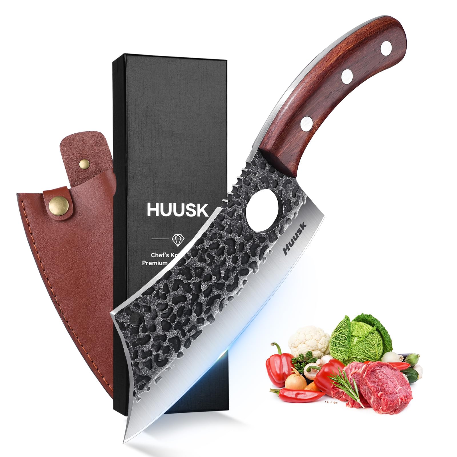 HUUSK 鍛造肉切り包丁 プロ仕様 本格手打ち フルタング構造 牛刀 刃こぼれ防止 キッチンバーベキューキャンプ対応（皮革鞘付き）
