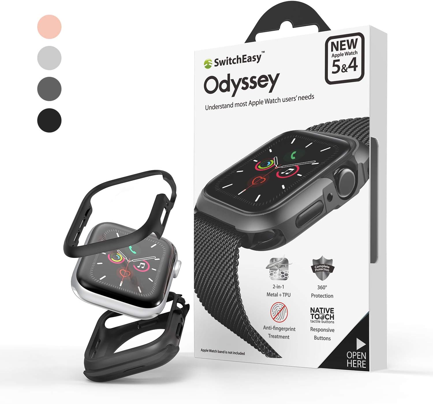 SWITCHEASY Odyssey Case for Apple Watch Series 5 / Series 4, Metal + TPU Materials, Anti-Scratch, Shockproof and Flexible Protective Bumper with Exquisite Packaging Box (Space Black, 44mm)