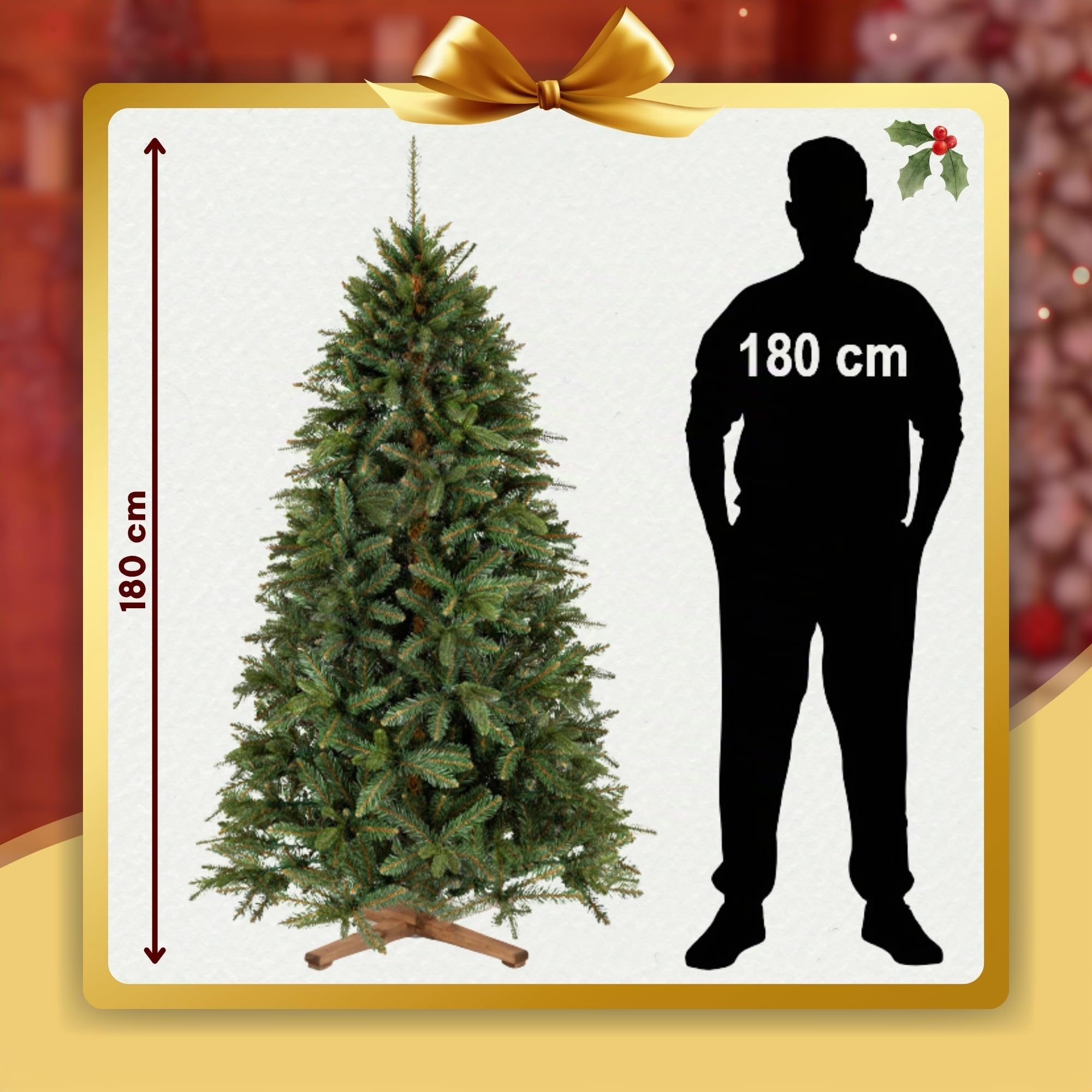 Árbol de Navidad artificial de 180 cm – Abeto siberiano artificial realista y denso con 755 puntas y soporte de madera, Christmas Tree árbol de Navidad verde realista, incluye bolsa de