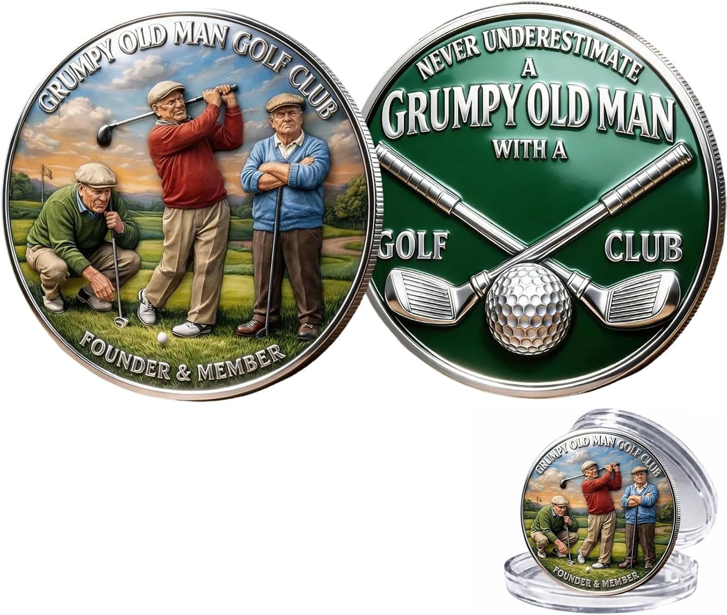 Monety Upominkowe Dla Zrzędliwego Golfisty Monety golfowe. Dwustronny projekt z zabawnym przesłaniem. Zabawny prezent ekspozycja na stole lub trofeum.