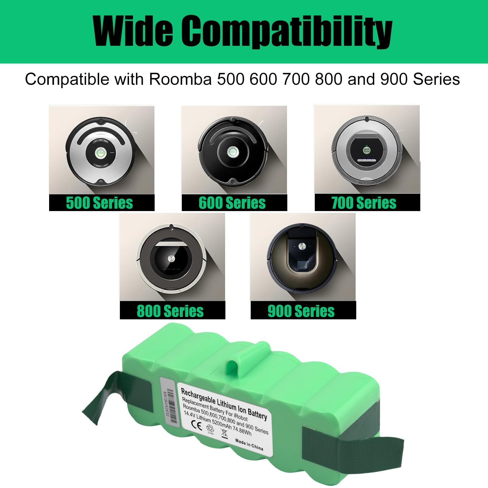 Energup 14.4V 5200mAh Batería de Litio para iRobot Roomba Serie 500 510 520 560 615 621 671 675 760 770 780 860
