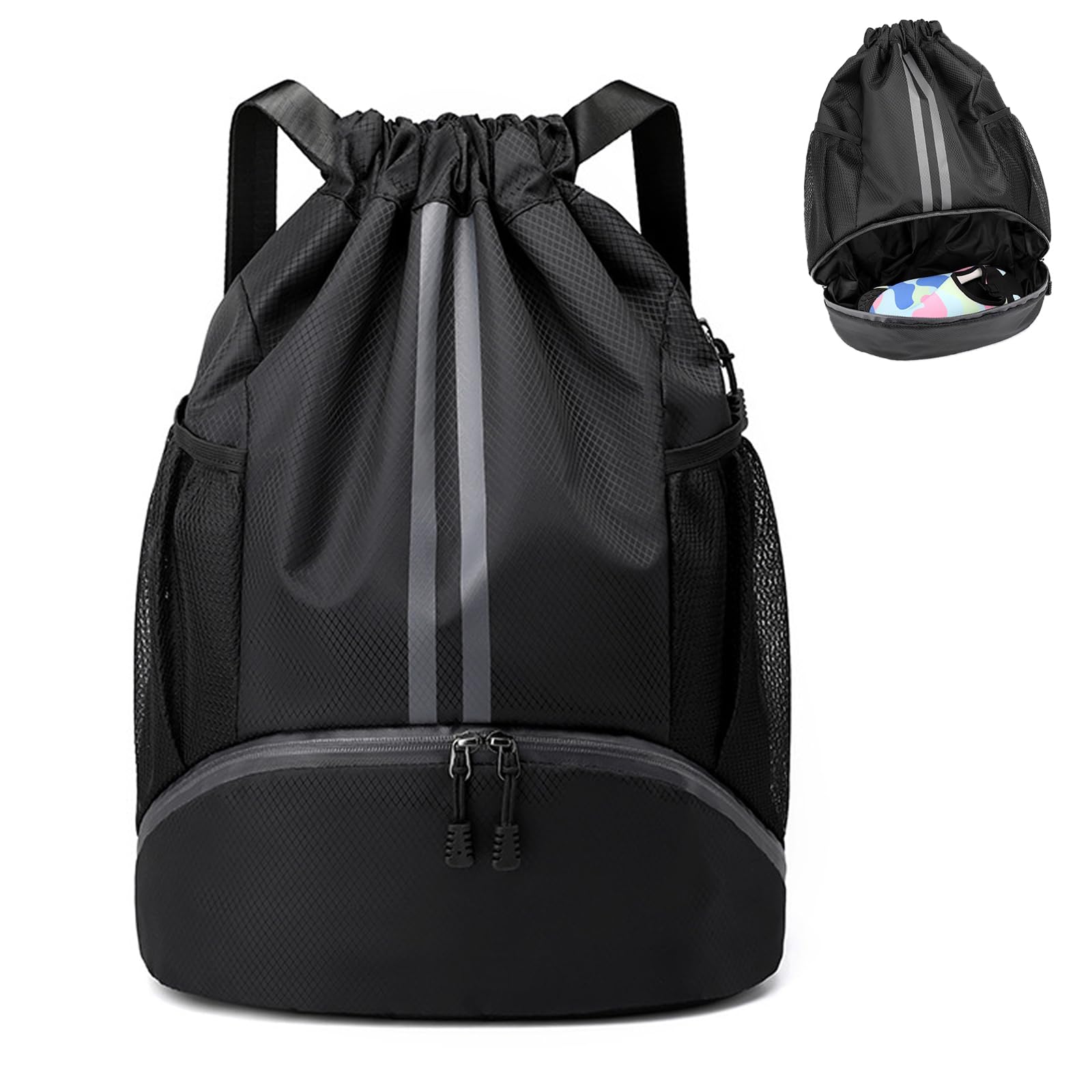 JAWAI Mochila Impermeable con Cordón, Ajustable Casual Saco Gimnasia, Impermeable Saco de Gimnasia con Bolsa Seca Húmeda Separada, para Acampar, Yoga, Fitness, Viajes, Montañismo (Negro)