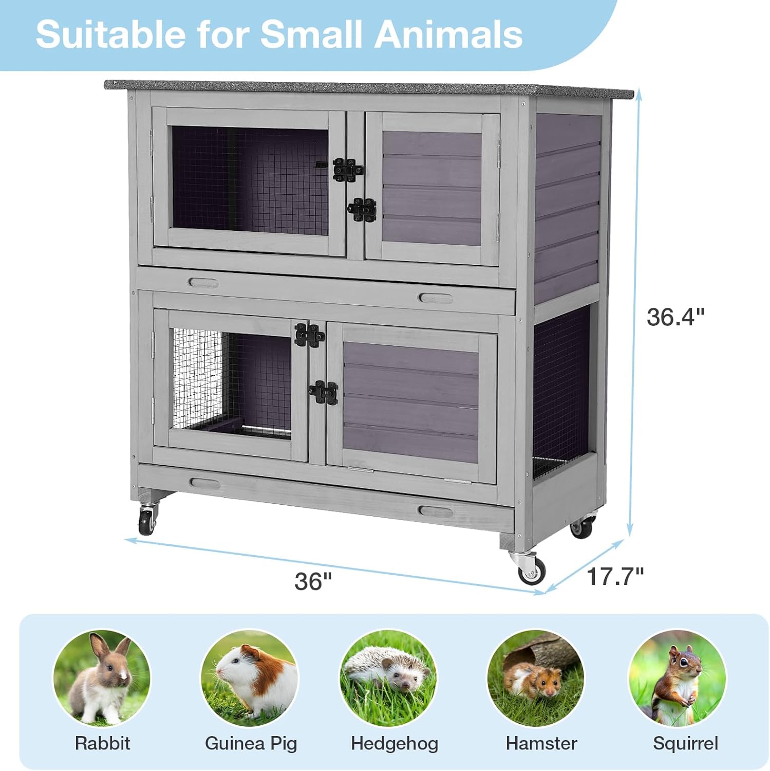 36’’ Wooden Rabbit Hutch Indoor or Outdoor, 2 Story Rabbit Cage with 2 Leak Proof Trays, Mobile Bunny Hutch with Wheels, Anti-Chew Ramp for Guinea Pig (Grey)