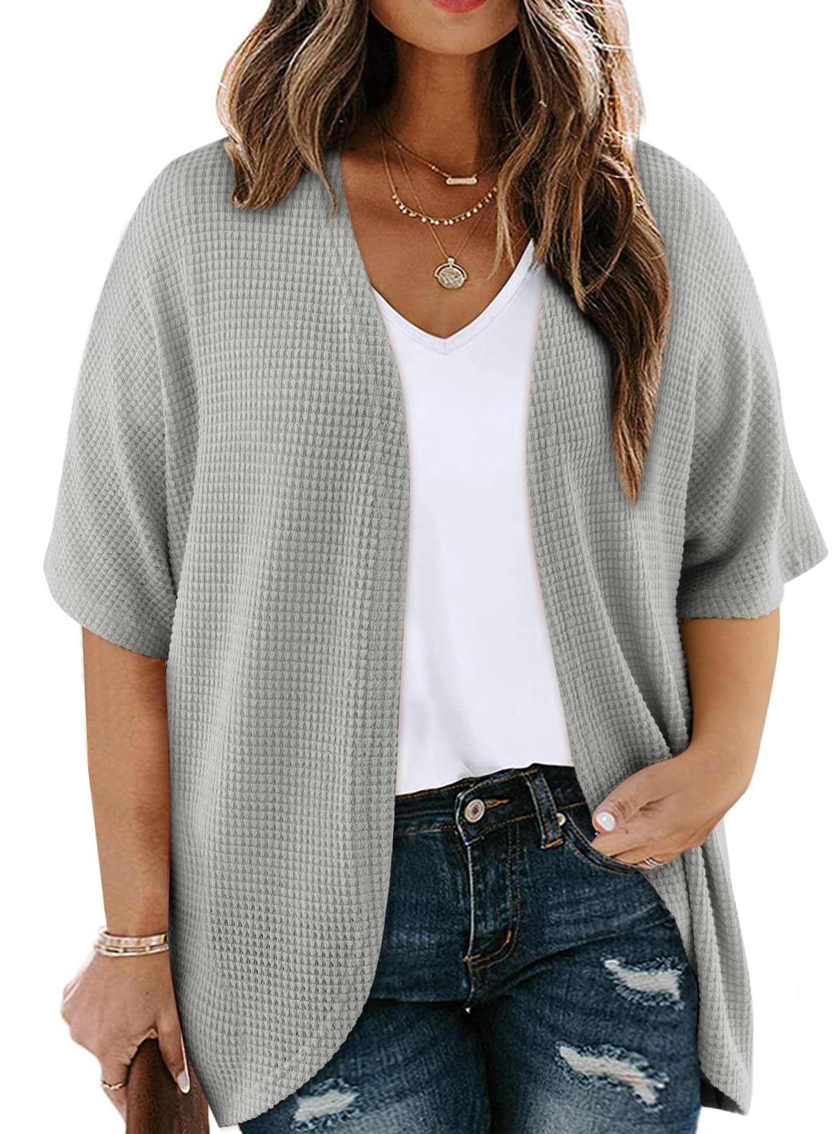 Eytino Womens Plus Size Cardigan Casual Short Sleeve Waffle Knit Kimono Open Front Tops 1X-5X