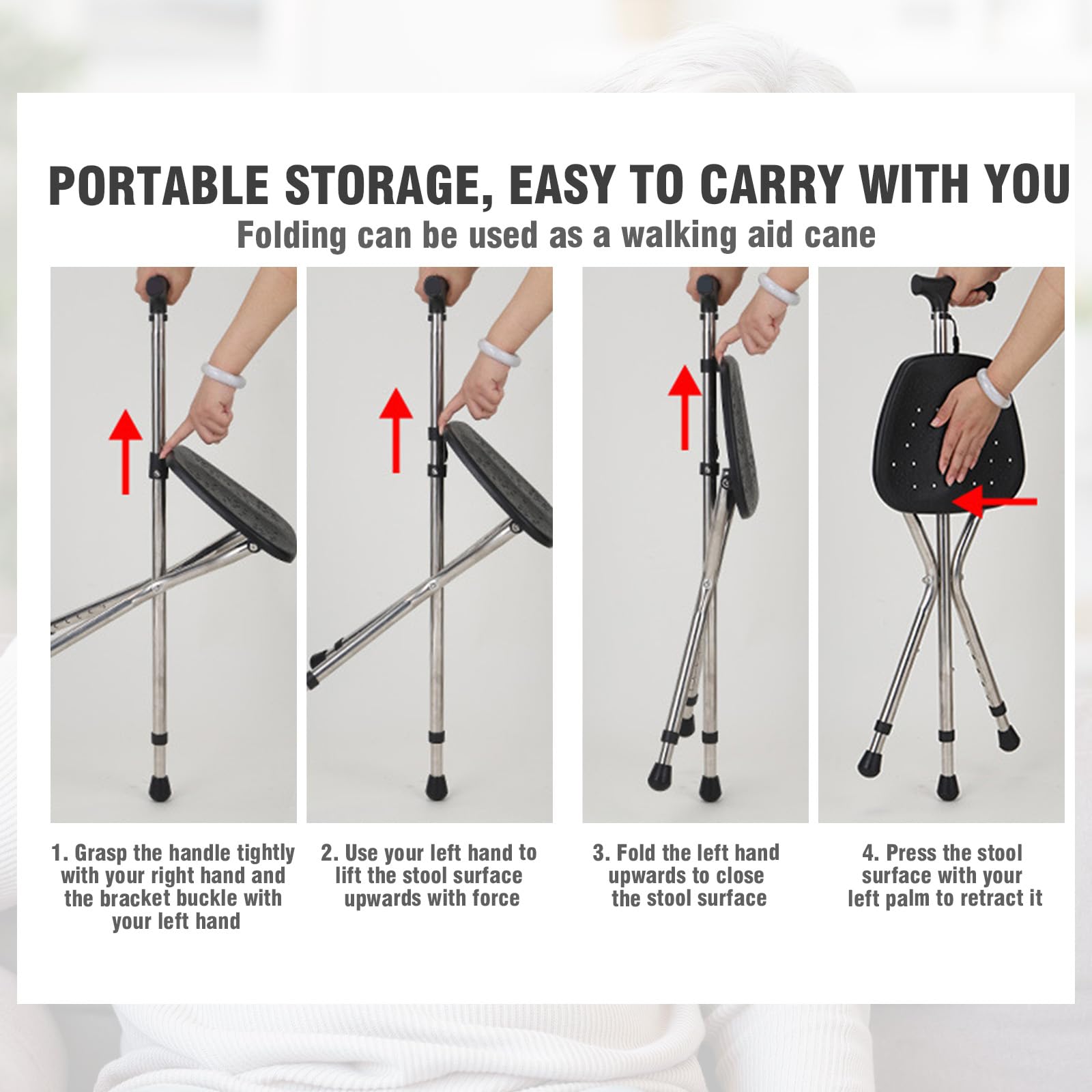 Gehstock mit Sitz, Sitzstock 120kg Kapazität, Große Sitzbrett In Fünf Positionen Höhenverstellbar, Cane und Hocker Dual-use, Spazierstock mit Sitz für Ruhende Erwachsene, Senioren und Genesener
