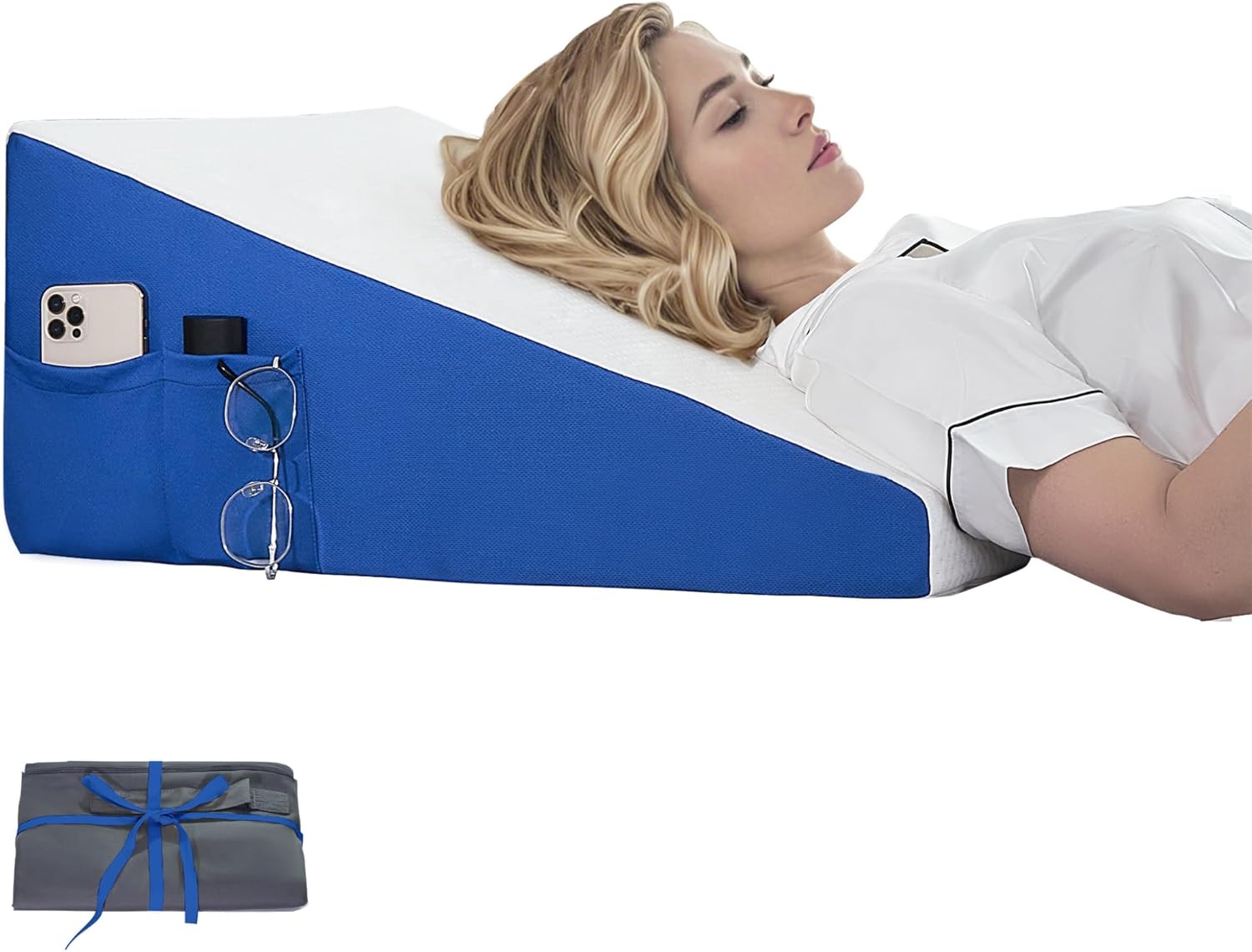 bed wedge pillow for sleeping,10”wedge pillow headboard with extra pillowcase,triangle pillow foam wedge for back support, elevated wedges pillows for back/legs, washable cover, blue & white white 10 inch