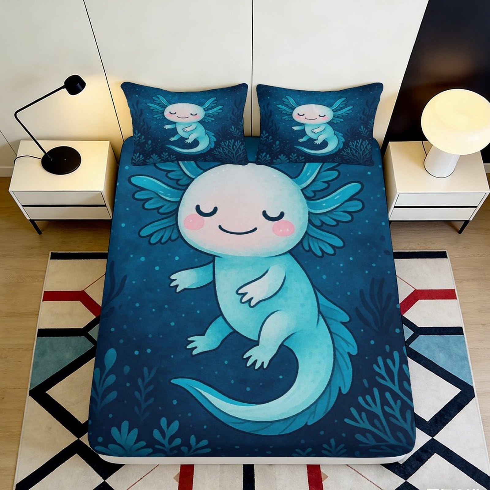 3D Printed Cute Blue Axolotl Fitted Sheet Microfiber Soft Anti-Slip Fantasy Underwater Bed Cover for Bedroom Dorm 90x200x25cm