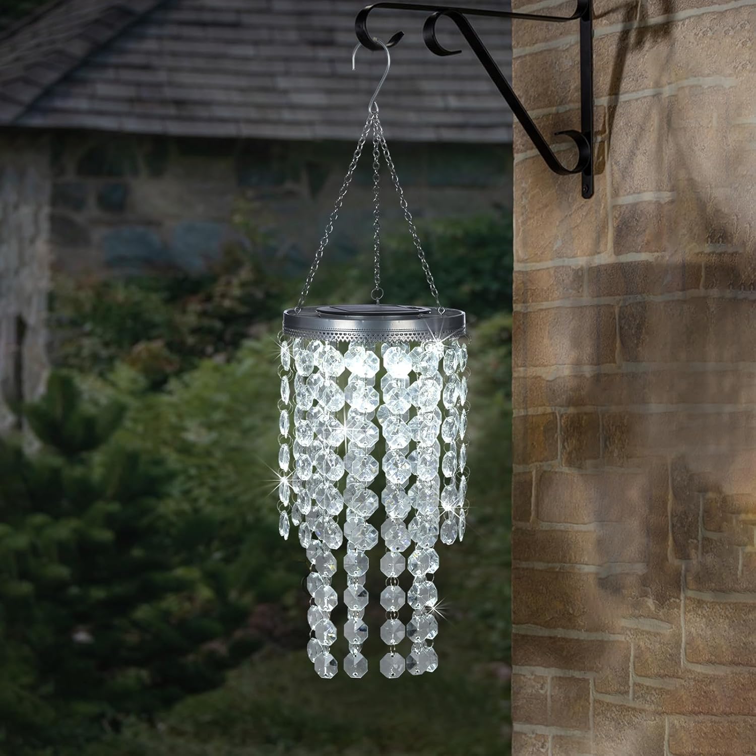 Hanging Solar Crystal Chandelier Outdoor, 21” Modern Solar Transparent Acrylic Beaded Lantern with Cool White LED S Hooks for Garden Yard Patio Gazebo Outside Decor - Image 6