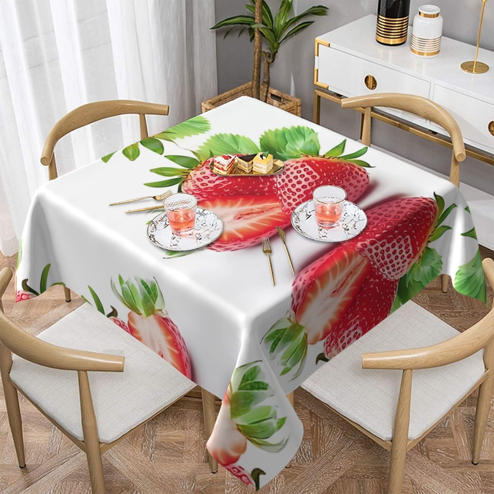 60"x60" Tablecloth - Square Strawberry (1) Print Dining Table Cover for Coffee Table, Protection, Holiday Decor, Picnic, Cafe