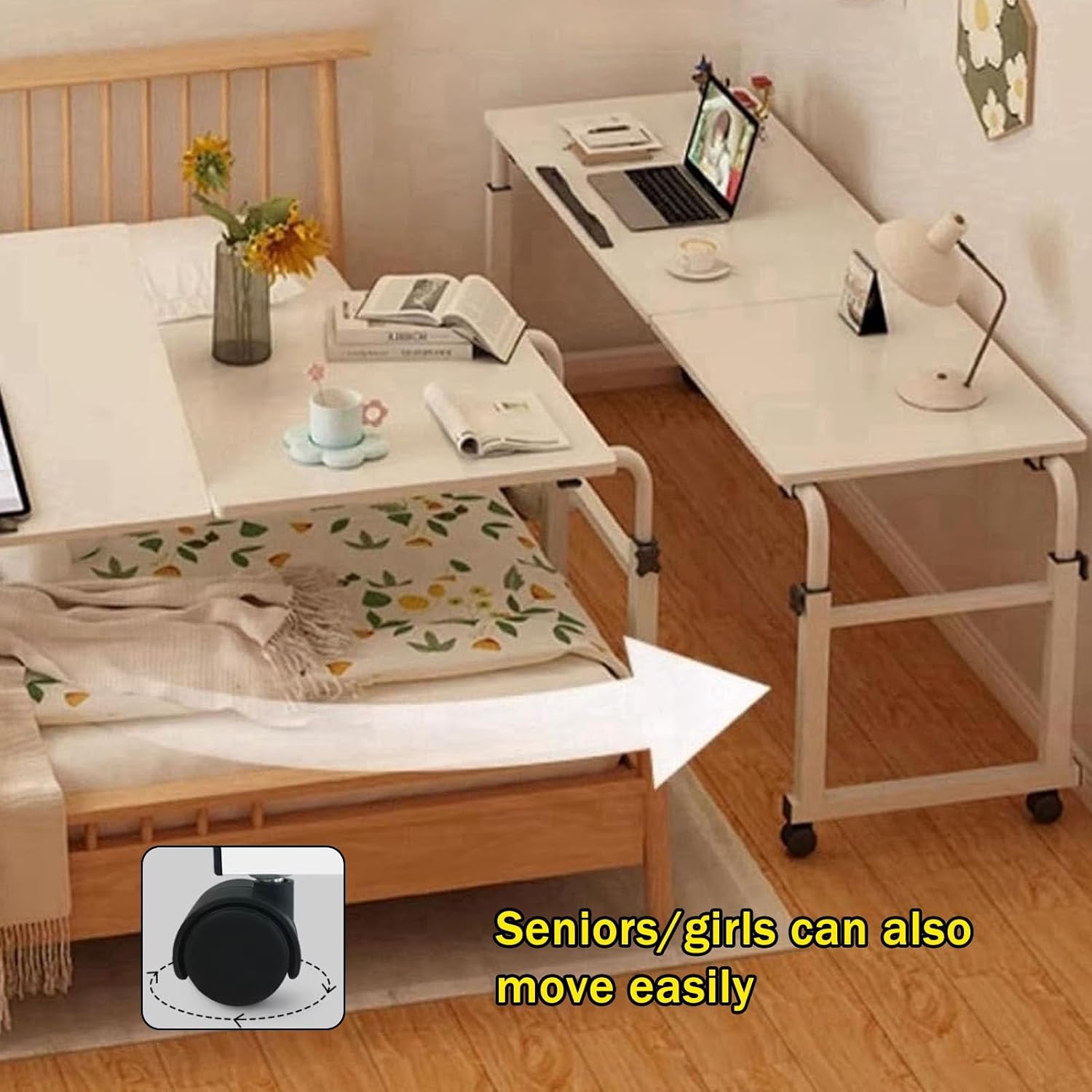 JKGHK Rolling Overbed Table with Wheels, Adjustable Height Tiltable Desktop Angle Mobile Bed Desk, Large Standing Workstation for Laptop, Bedroom, Living Room(Color 1)