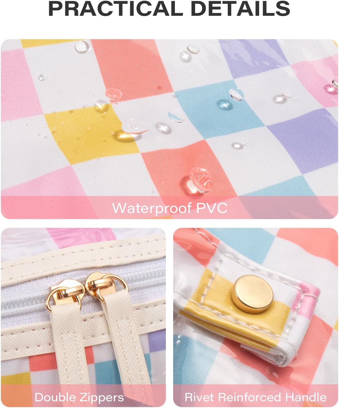 LETGO Preppy Stripe Clear Travel Makeup Bag, Waterproof Glossy PVC Cosmetic Organizer with Handle, Large Capacity Toiletry Bag for Women, Portable Makeup Pouch for Purse (Checkered)
