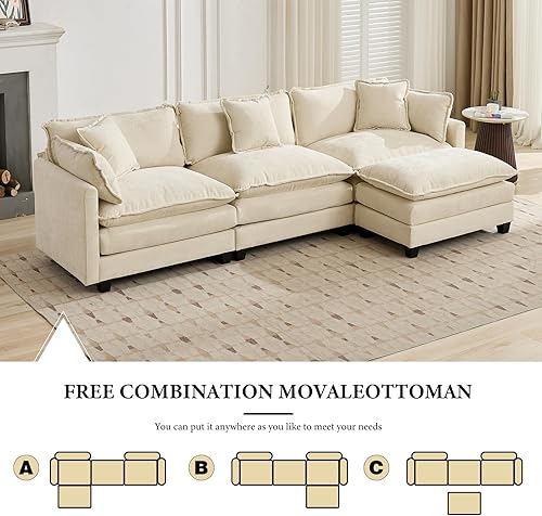 Miniatura 9 de Sofá seccional modular beige de 111.5 pulgadas, sofás seccionales grandes de 3 asientos para sala de estar, tela de chenilla marfil blanquecino