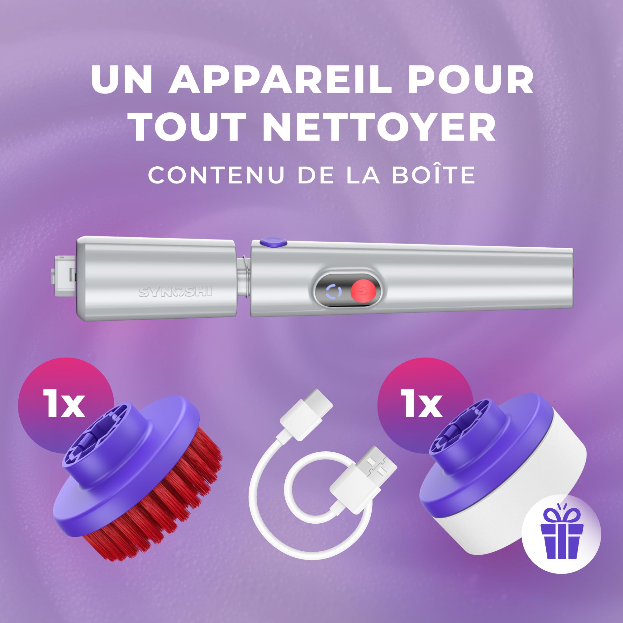 Synoshi Pro Brosse Rotative Électrique Nettoyage Salle de Bain Automatique | 2 vitesses, batterie longue durée, Idéale salle de bain, cuisine, voiture, Accessoires modulaires