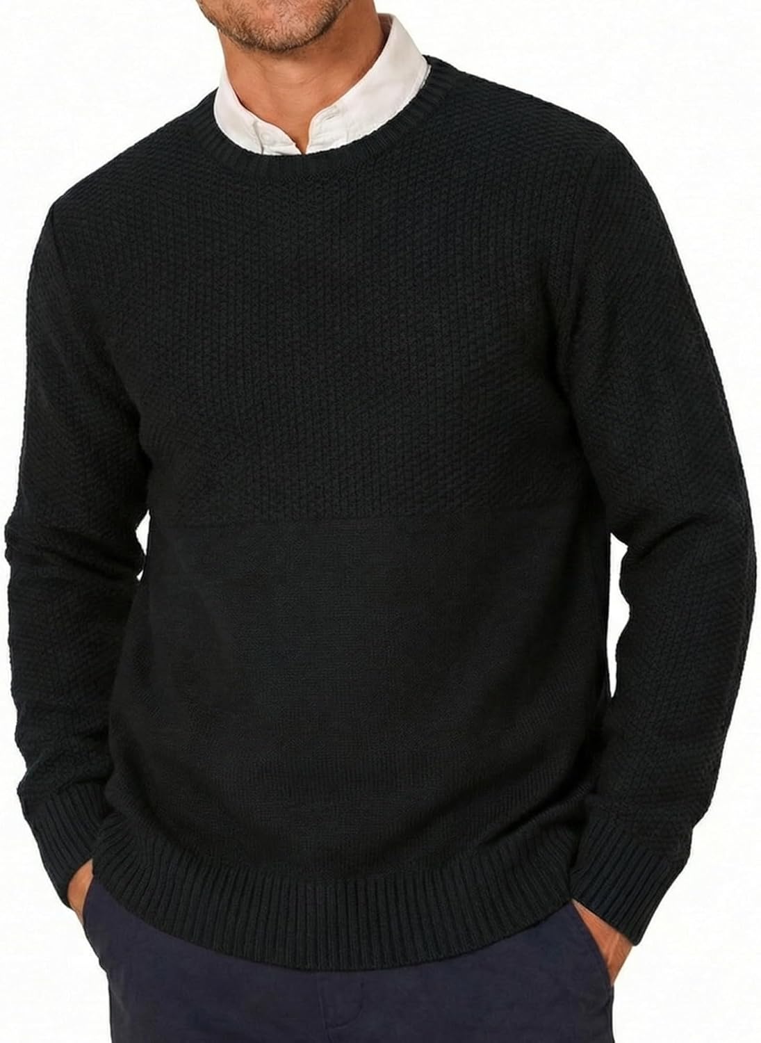 YTD Men's Crewneck Pullover Sweater Textured Long Sleeve Knitted Sweaters