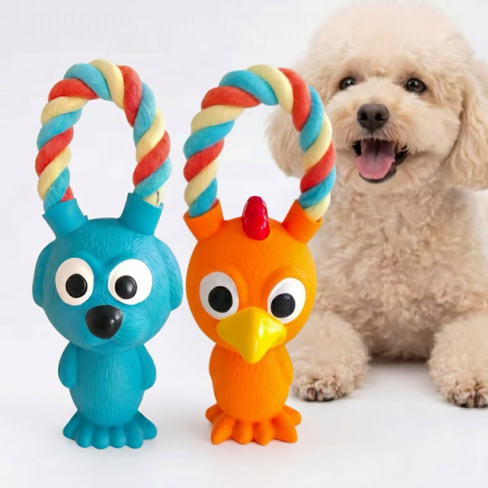 InekoAgua 2-Pack Squeaky Latex & Cotton Rope Dog Toys - Durable Natural Rubber Cute Animal Characters with Teething Knots for Fetch, Tug & Dental Care, Small & Medium Dogs