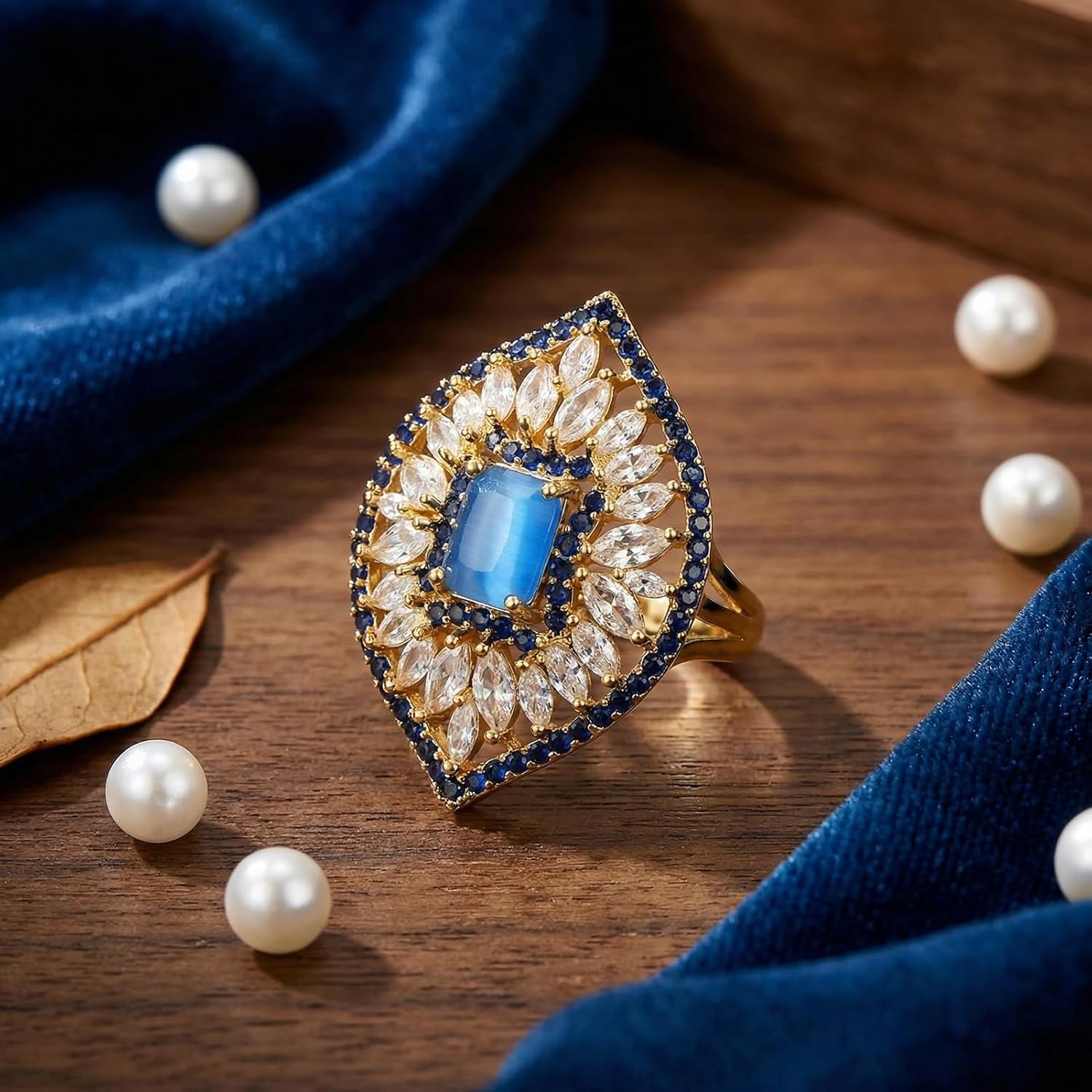 ORIGENCE Blue Cat Eye Stone Statement Ring for Women, 14K Gold Plated Halo Vintage Cocktail Ring, Blue Gemstone Rings Bold Gold Party Rings Fashion Jewelry Gift for Her