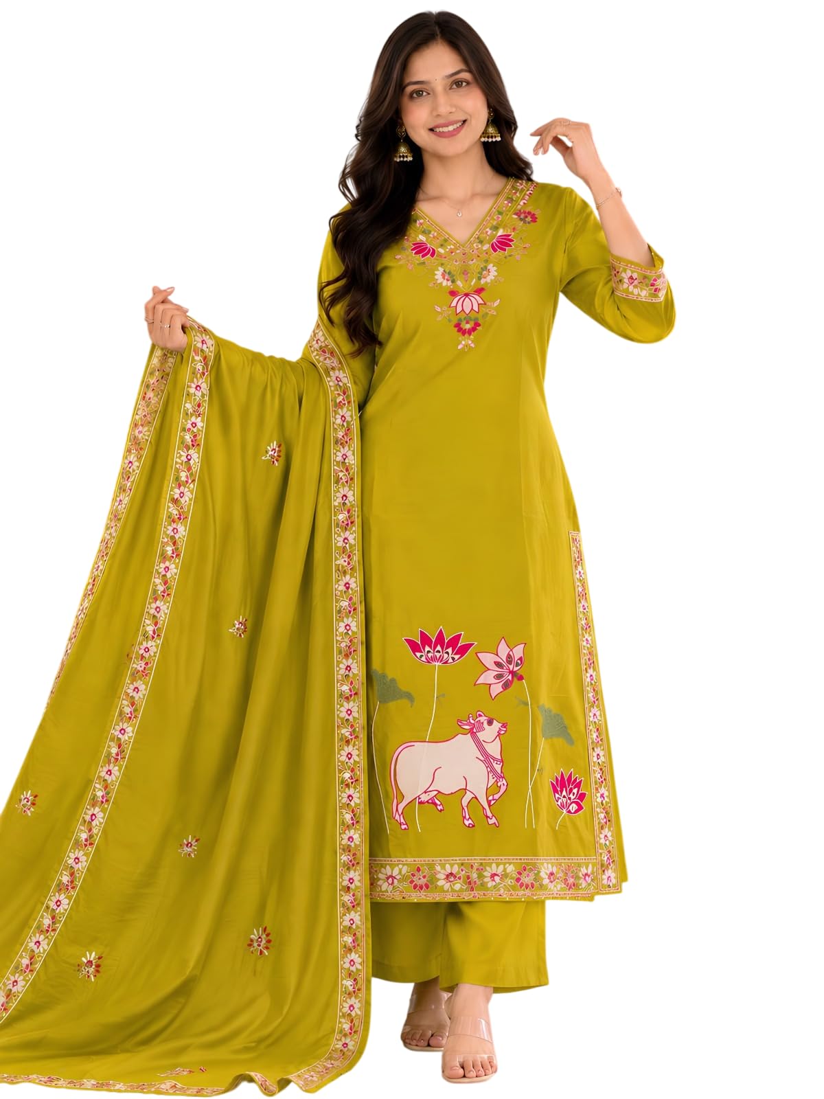 Women's Beautiful Tesla Salwar Suit And Embroidery Work kurti Set with V Neck,3/4 Sleeve Embroidery Work Dupatta Kurti set For Any Occasion-picture-29
