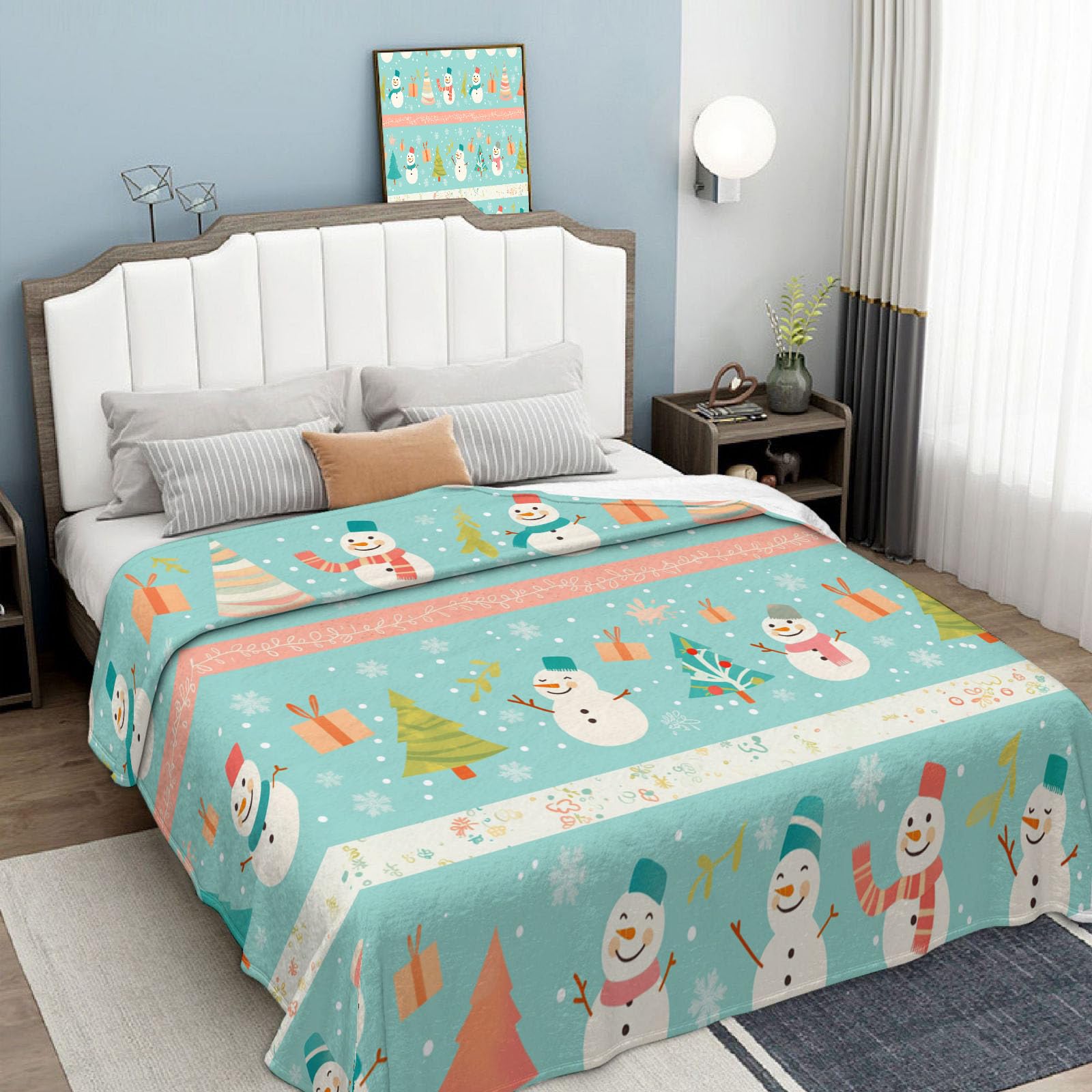 Manta De Franela Pino Muñeco De Nieve De 230X270Cm, con Estampado De Rayas Navideñas, Verde Salvia Cálida Suave, Lavable Cómoda Colcha De Cama De Fácil Cuidado para Sofá, Sofá Viajar