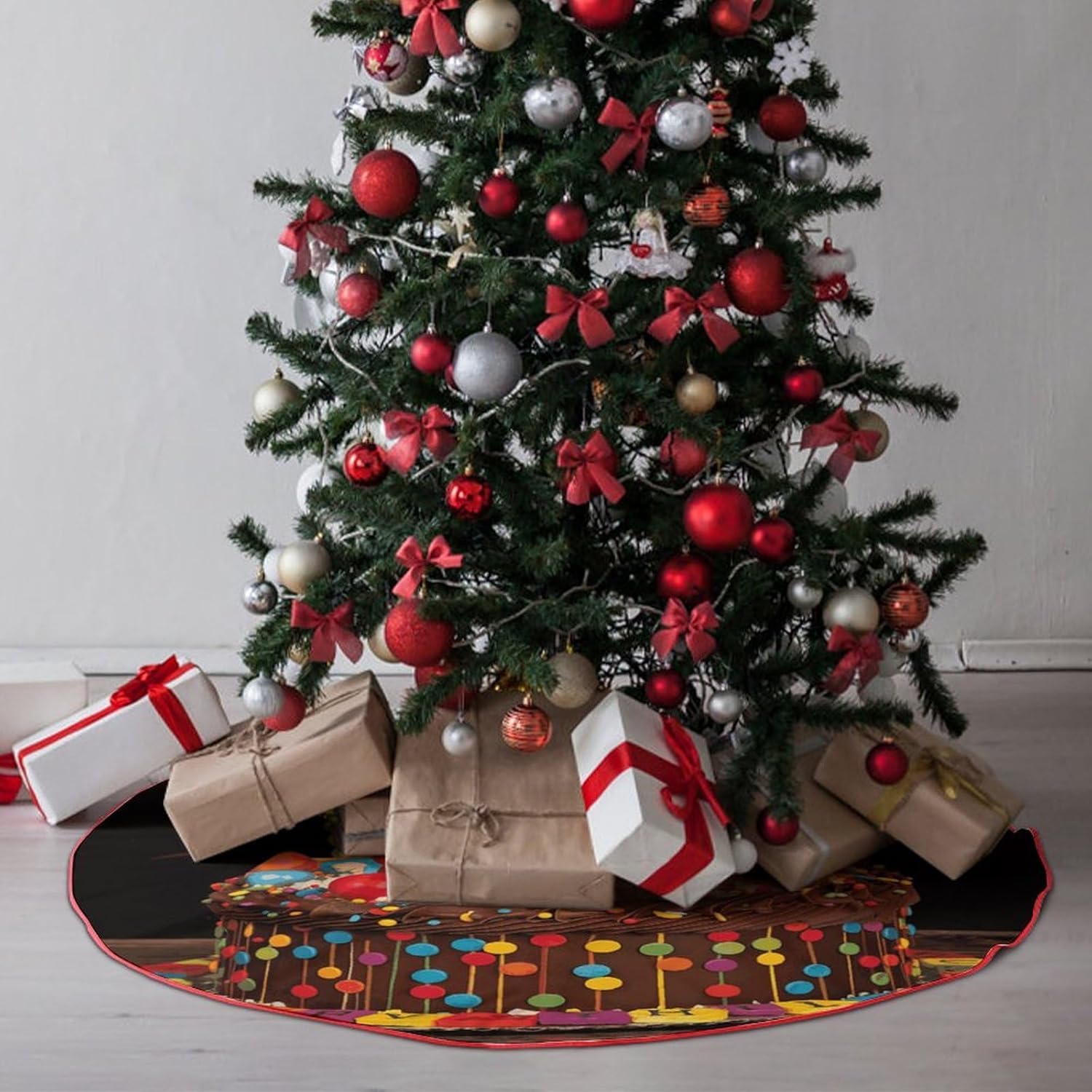 Christmas Tree Skirt,for Xmas Tree Holiday Party Decorations Happy Birthday Big Cake Printed Christmas Tree Mat Red Lace-up Christmas Tree Dress