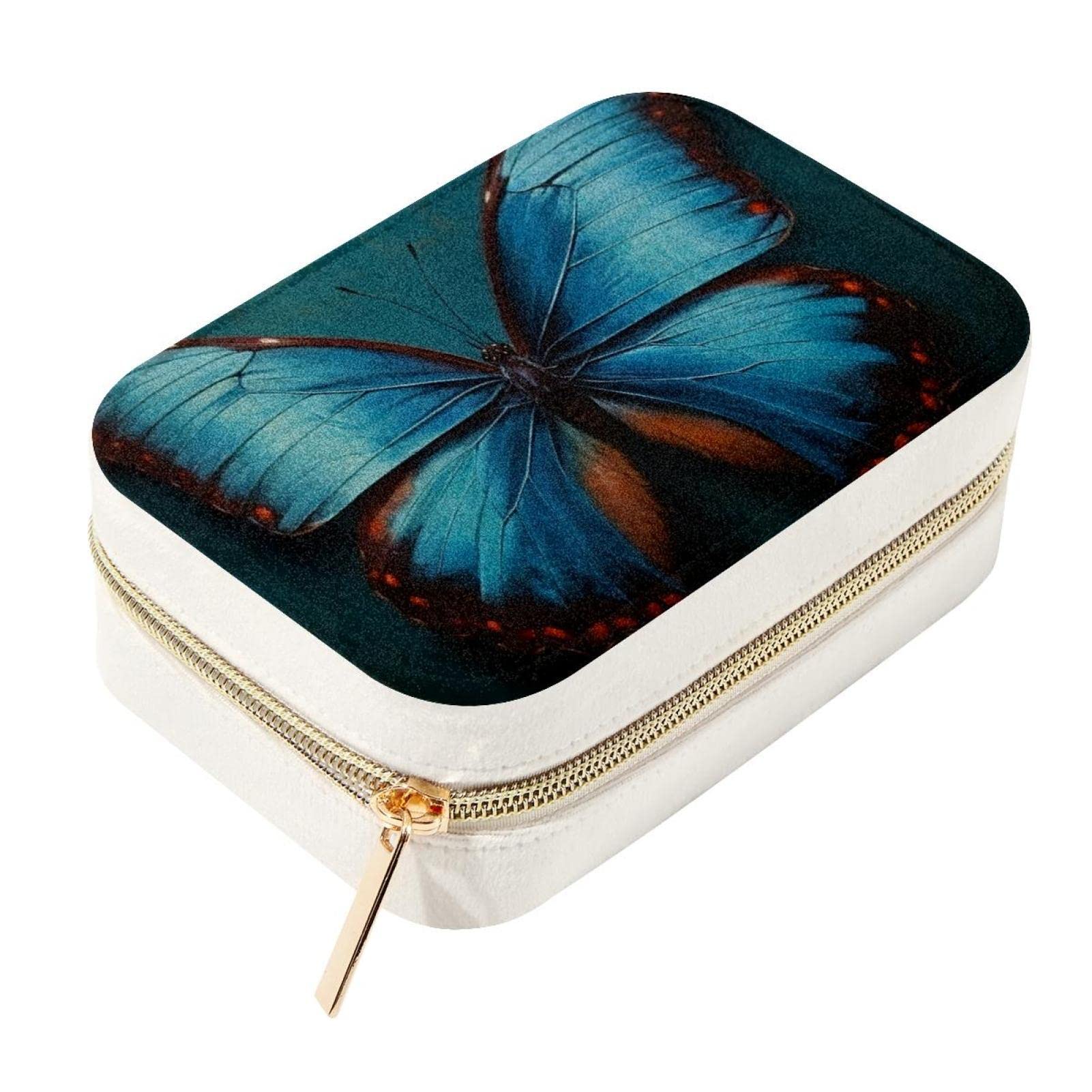 Mini boîte à bijoux de voyage en velours bleu avec motif papillon pour bagues
