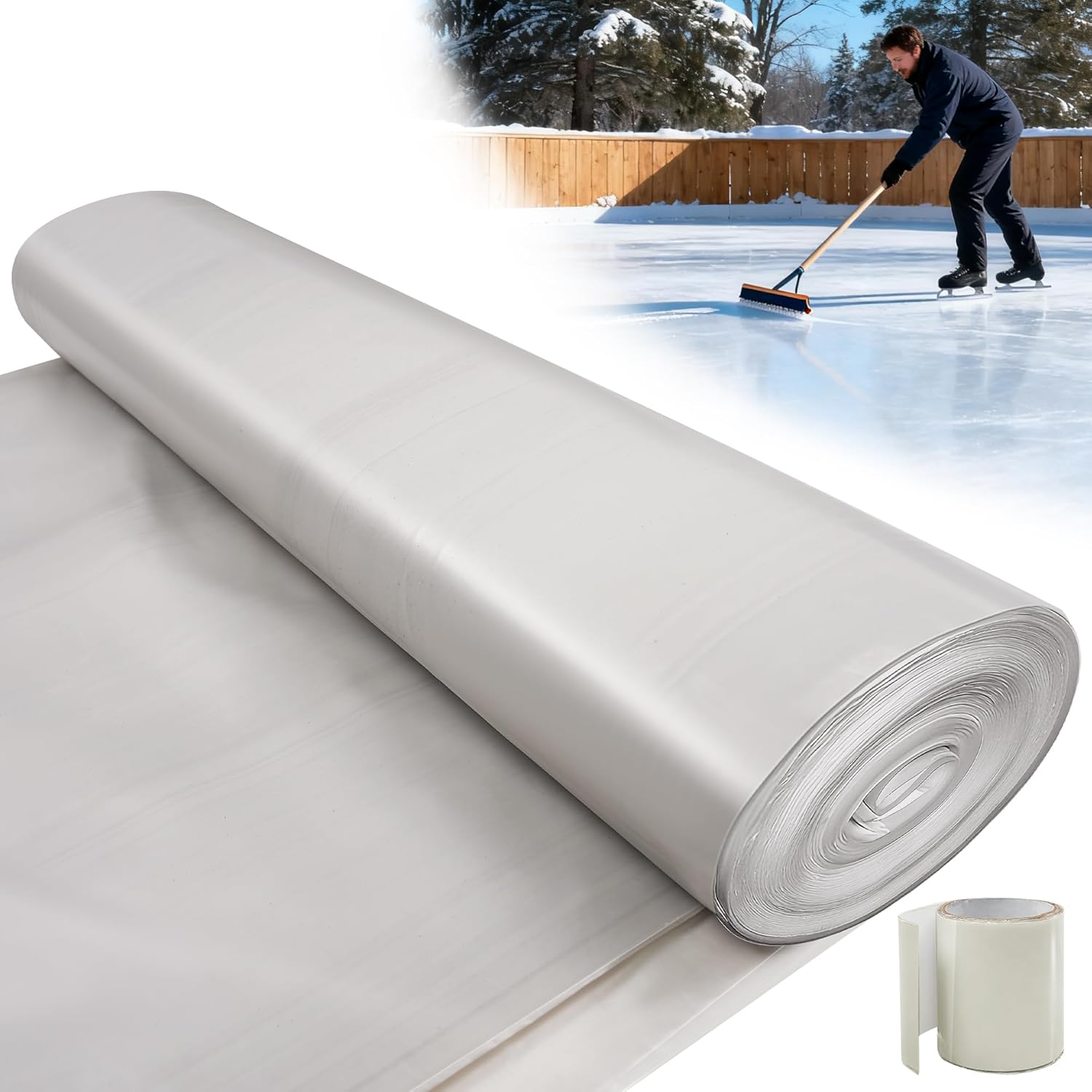 Plasti Ice Rink Liner for Backyard Ice Rink Kit Liner - 6 Mil Grey HDPE Plastic Sheeting Hockey Rink Liner with a Waterproof Repair Patch Tape, Backyard Rink Tarp