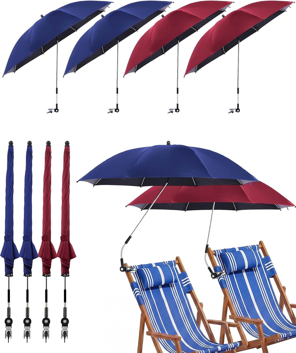 Shinylin 4 Pcs Beach Chair Umbrellas with Clamp 360° Adjustable 42" Umbrellas for Chairs Upf50+, Stroller, Fishing, Camping, Patio, Wheelchair, Golf Cart (Chair Not Included)